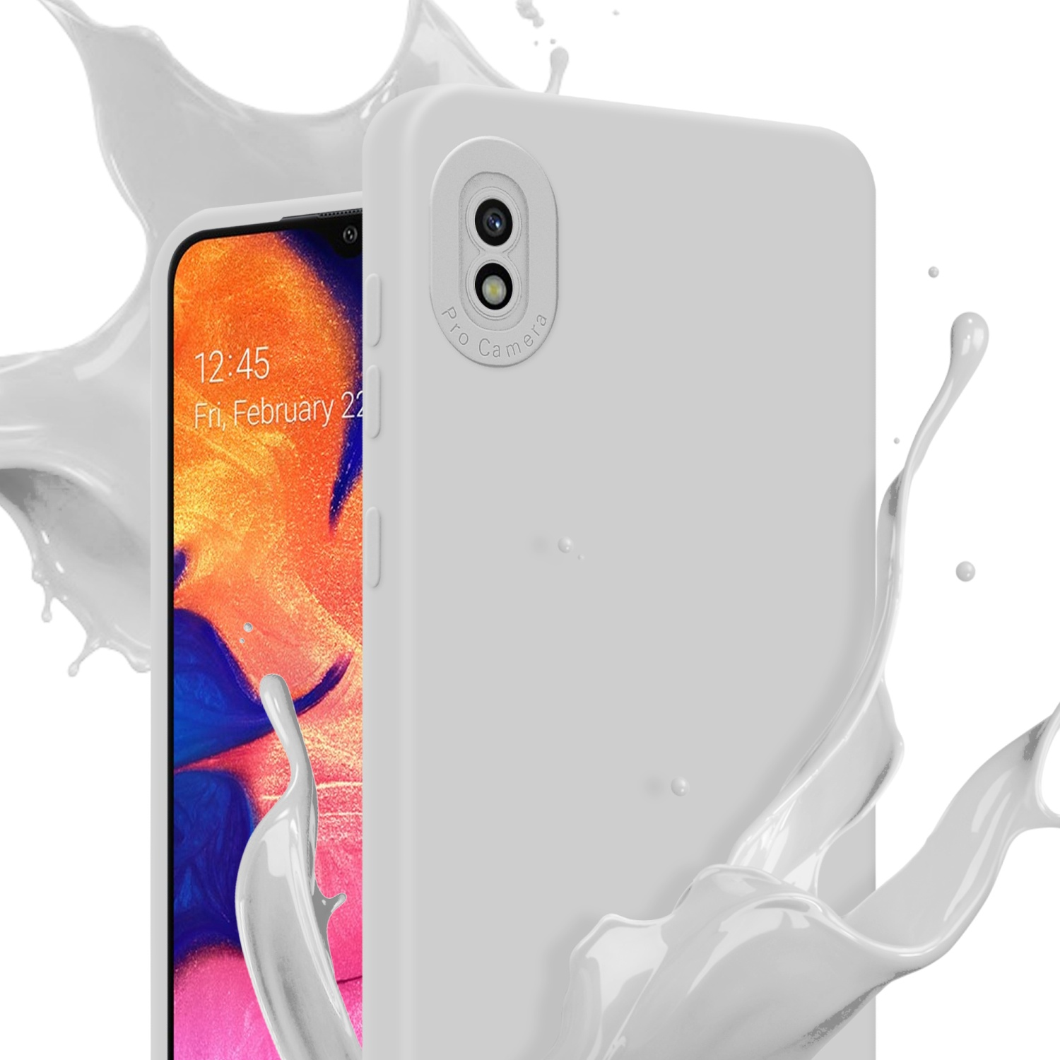 Custodia bianca con telefono. Schizzo di liquido bianco attorno.