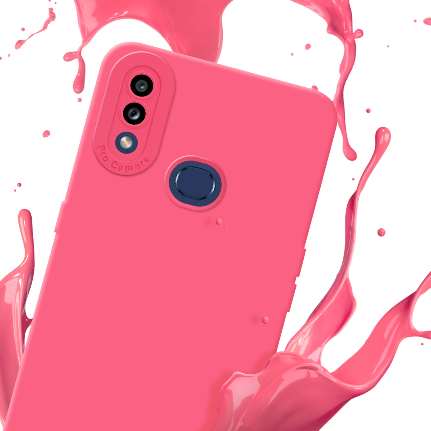 Custodia rosa per telefono con schizzo rosa. Modulo fotocamera visibile. Pro Fotocamera sul retro.