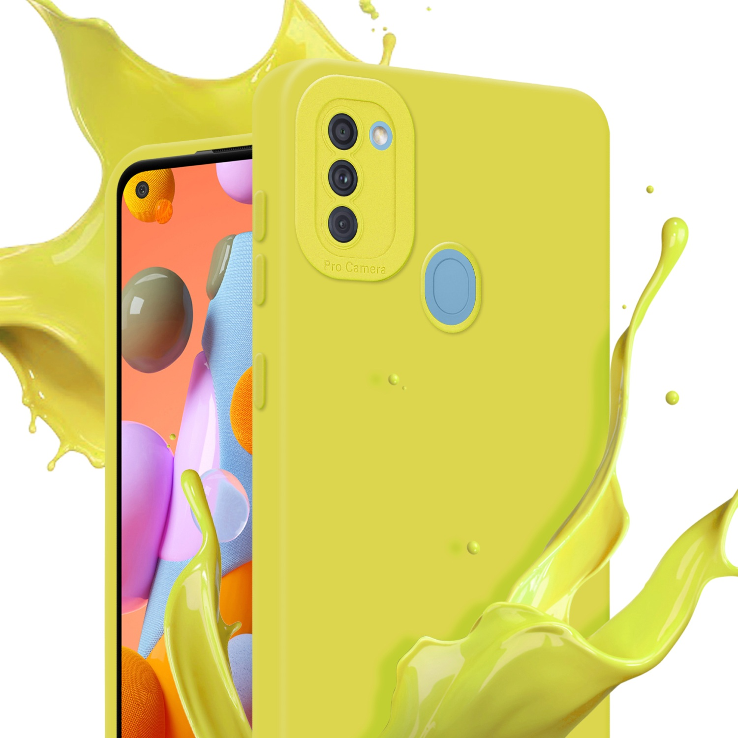 Custodia per telefono gialla con telefono. Il telefono mostra un effetto splash colorato con vernice gialla.