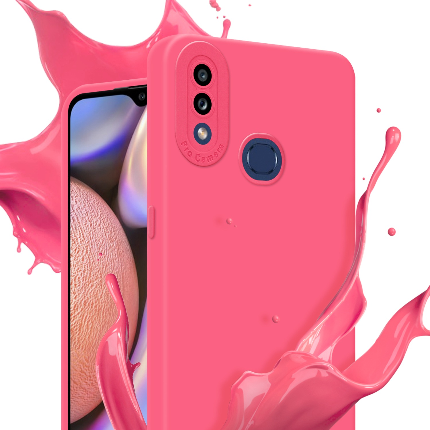 Custodia per telefono rosa con telefono e schizzo di vernice rosa.