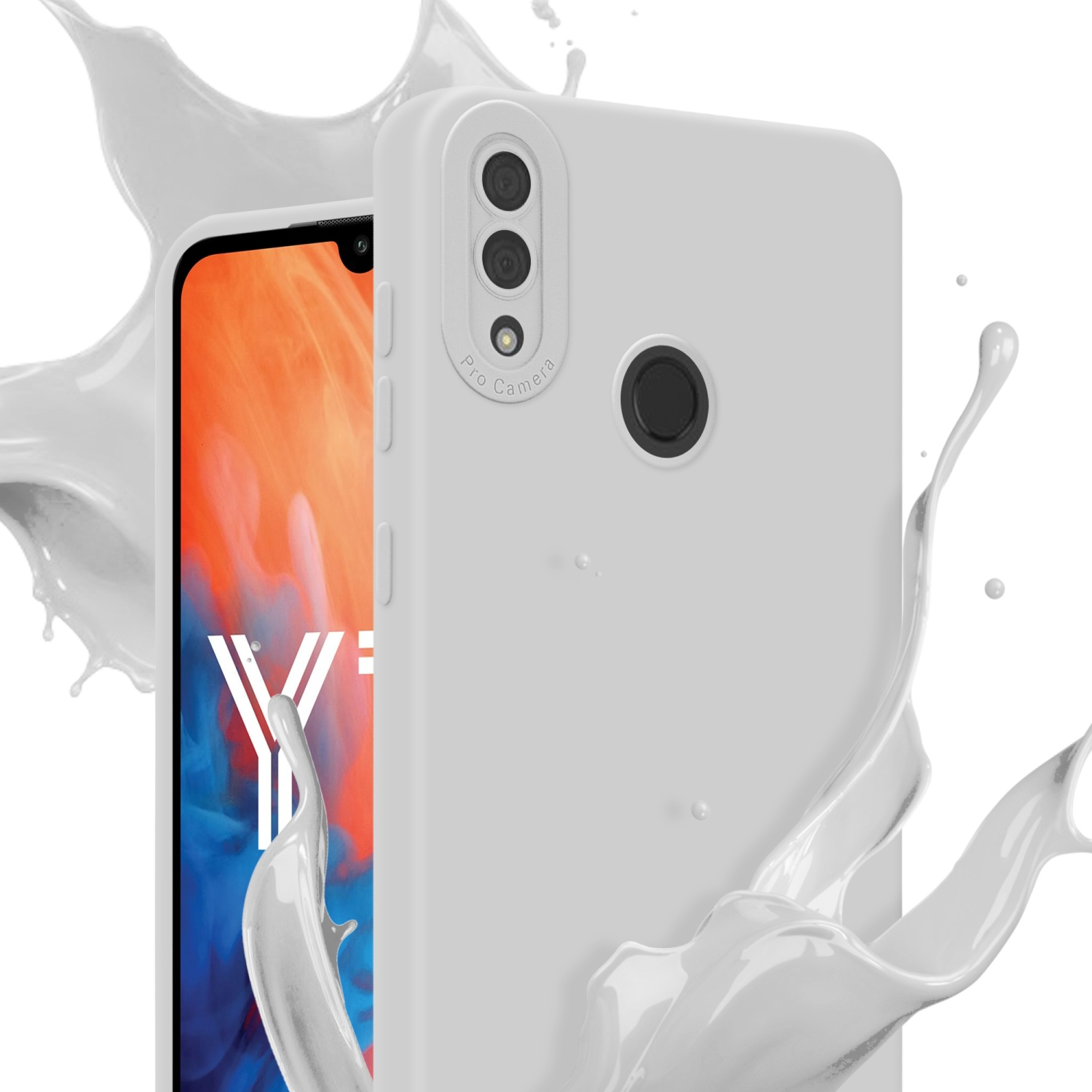 Coque de téléphone blanche avec des éclaboussures de liquide blanc en arrière-plan.