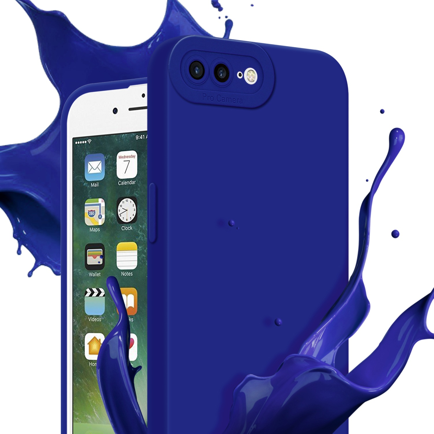 Custodia blu con un telefono che mostra icone di app, con schizzi di vernice sullo sfondo.