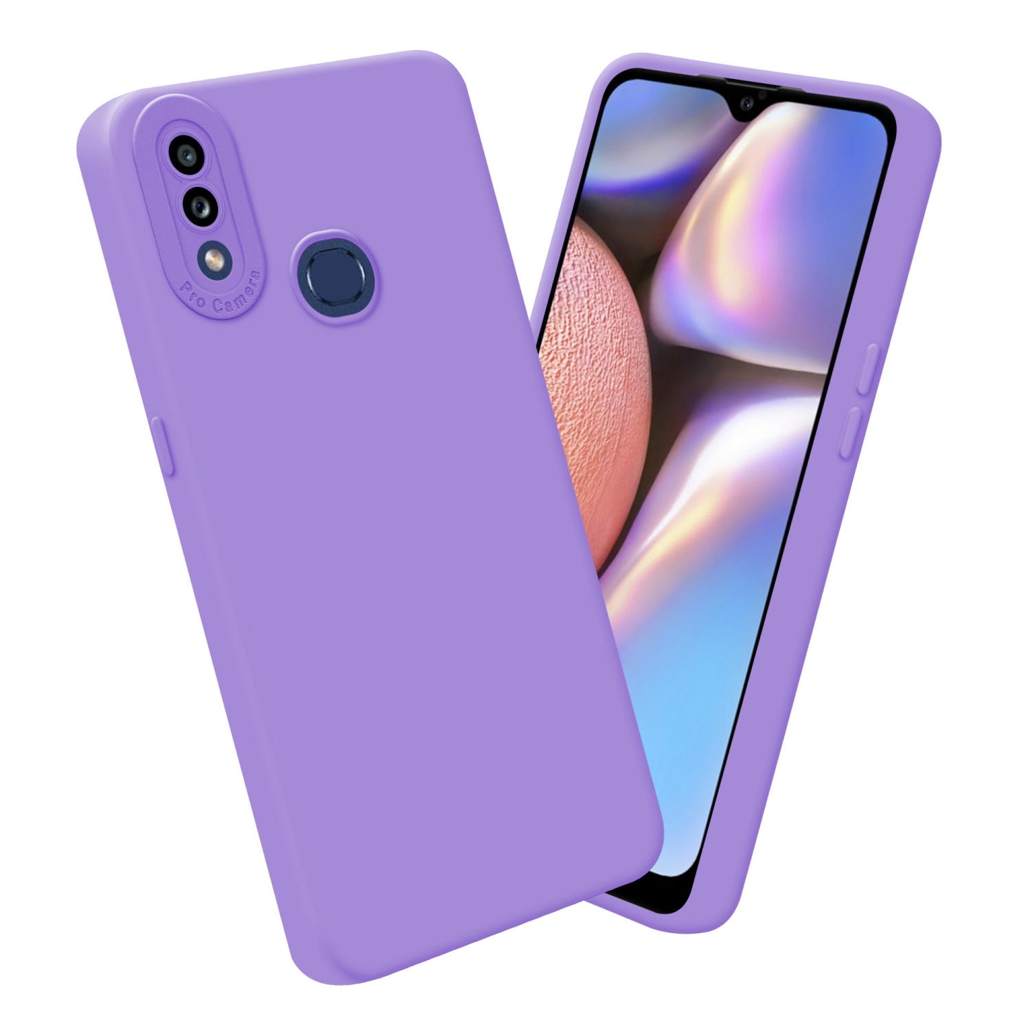 Due custodie viola per telefono; una aperta con schermo visibile.