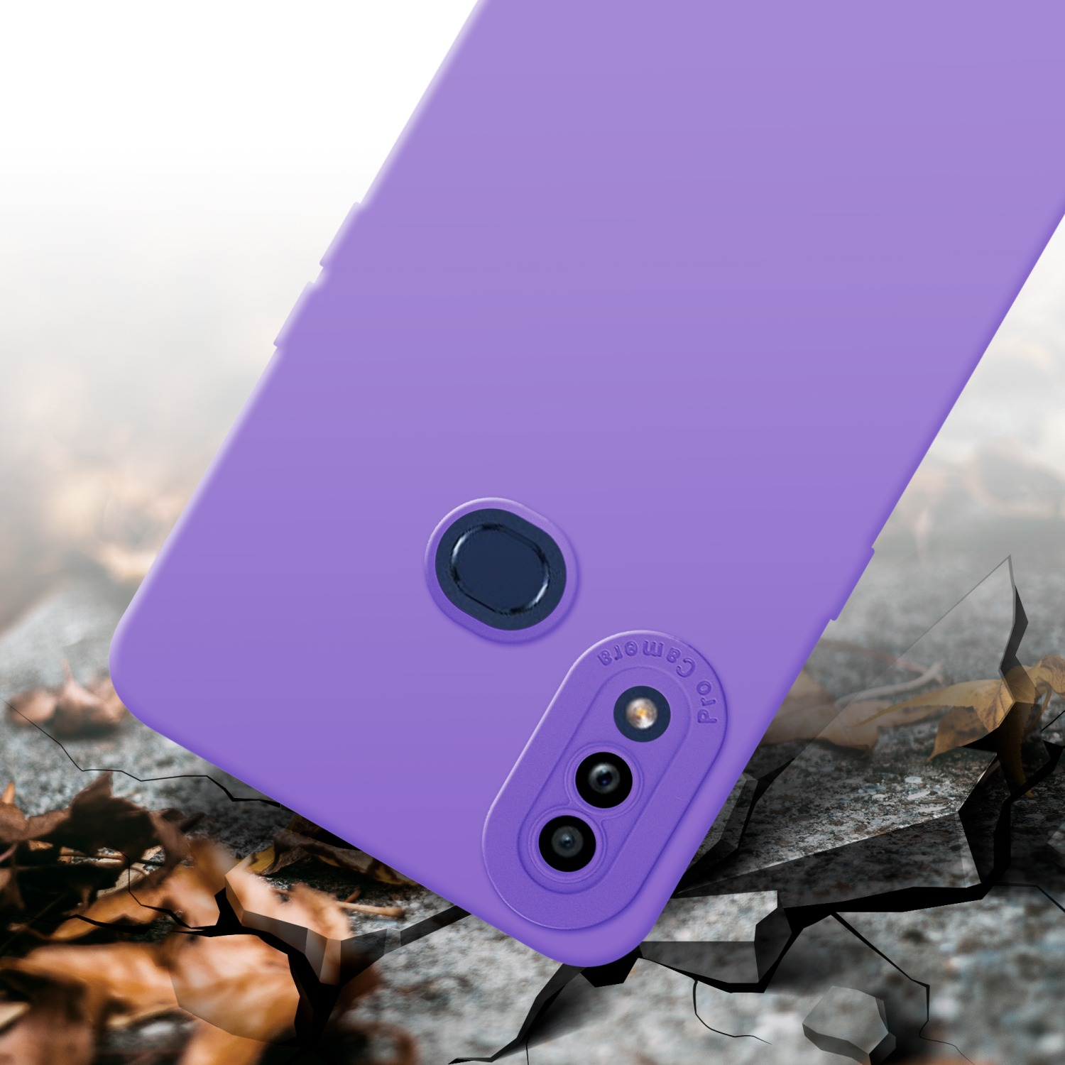 Custodia per telefono viola su superficie incrinata con ritaglio per fotocamera e 'Pro Camera'.