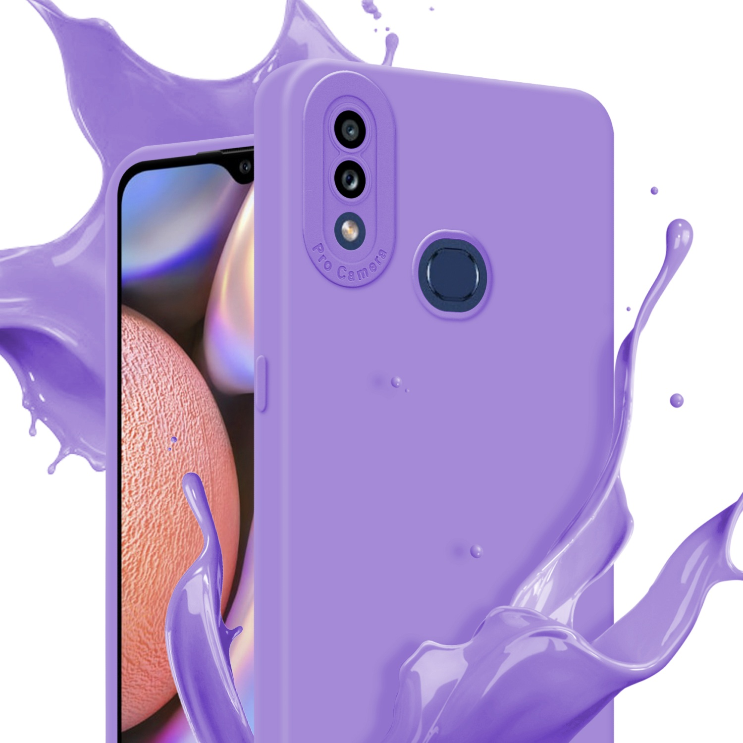 Una custodia per telefono viola con un ritaglio per la fotocamera è spruzzata di vernice viola, con un telefono con schermo rosa.