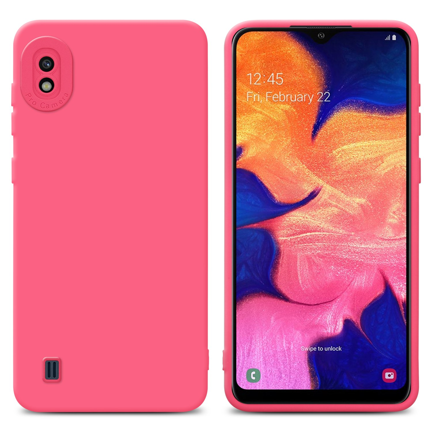 Due viste di una custodia rosa per telefono. Il telefono mostra l'ora e la data. La custodia ha una fotocamera.