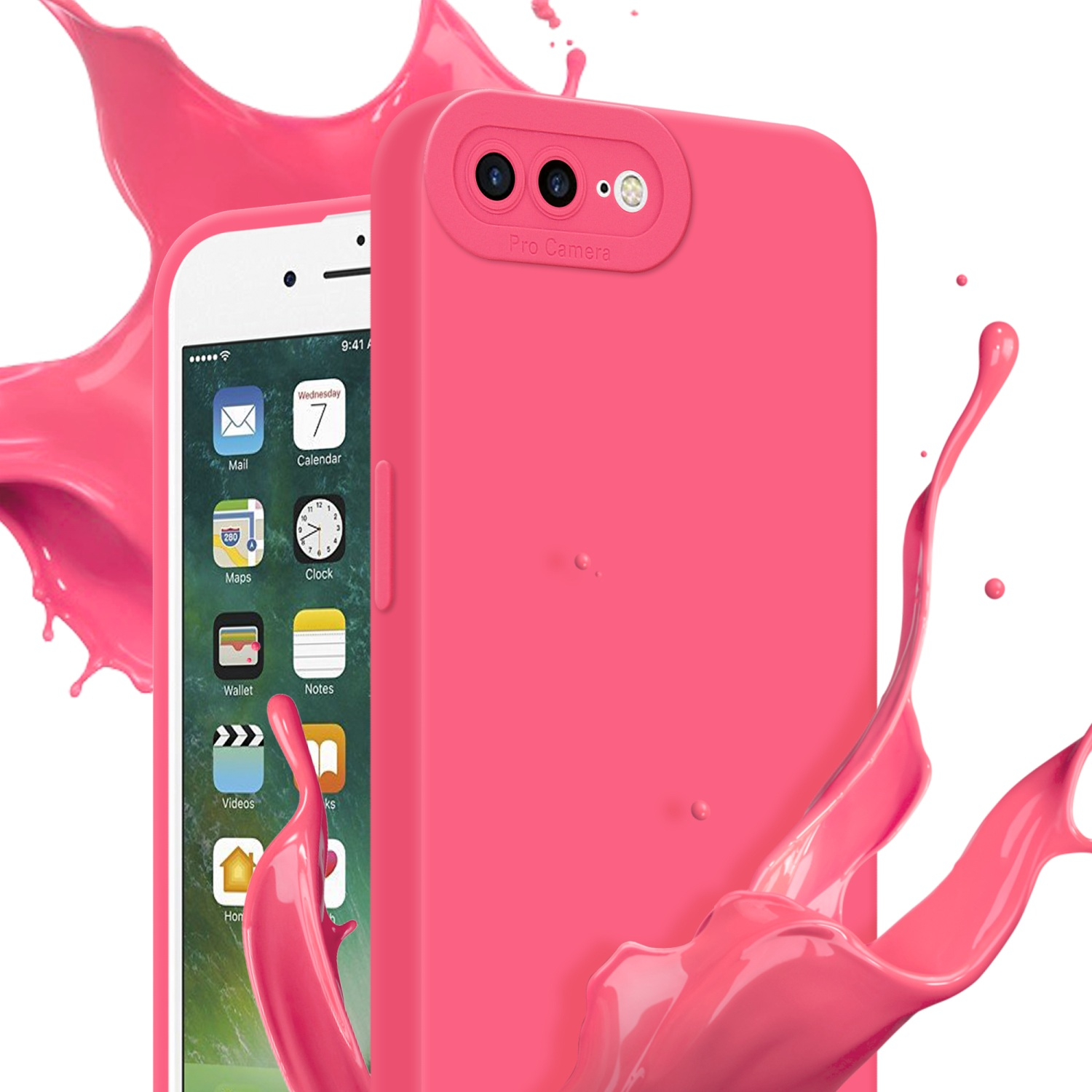 Una custodia per telefono rosa con effetto splash rosa e un telefono all'interno. Sfondo bianco.