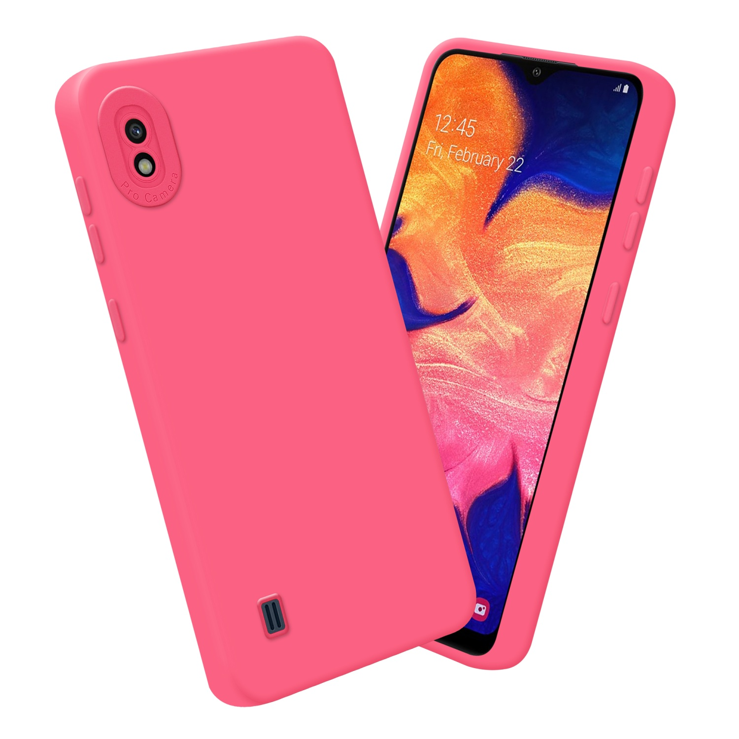 Custodia e telefono rosa, entrambi con angoli arrotondati. Ora 12:45 Ven, 22 febbraio visibile.
