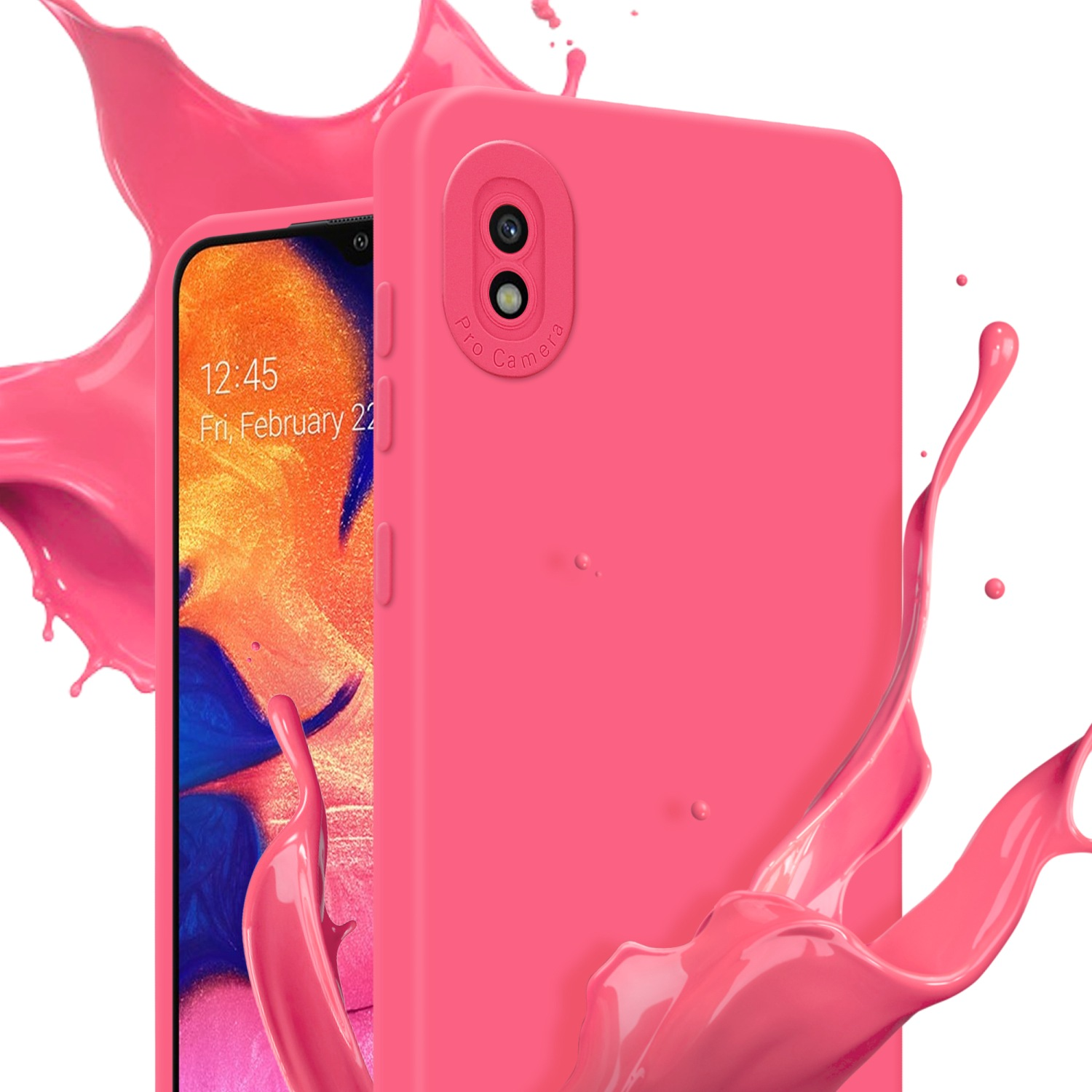 Custodia per telefono rosa con fotocamera. Schizzo di vernice rosa. Il telefono mostra l'ora, venerdì 22 febbraio.