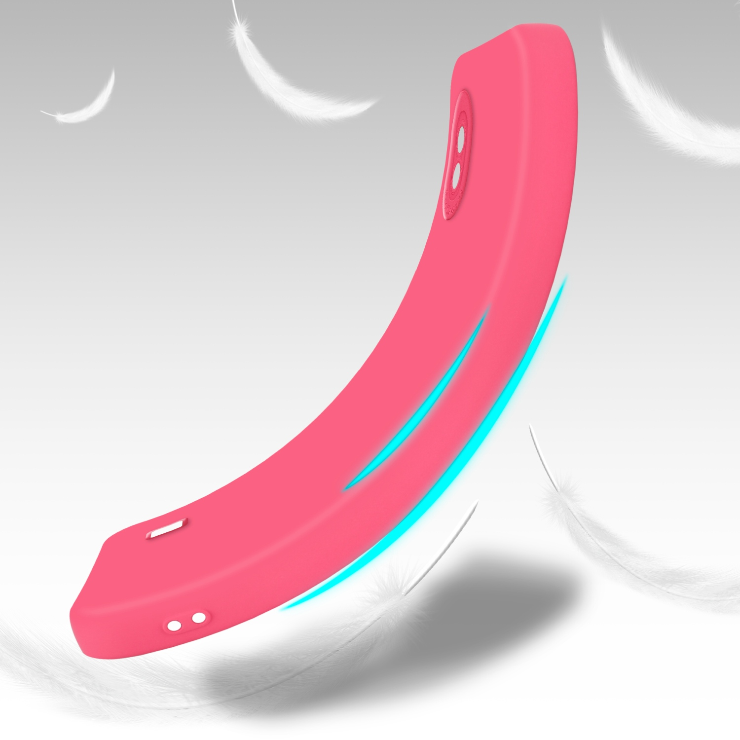Una custodia rosa per telefono è curva con piume fluttuanti.