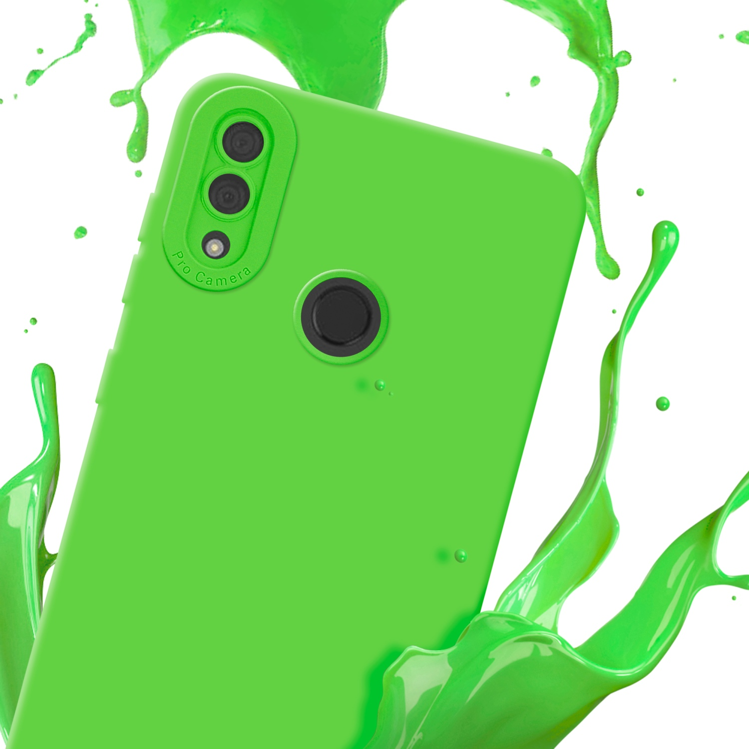 Coque de téléphone verte avec une éclaboussure de peinture verte. La coque a un appareil photo et du texte de caméra pro.