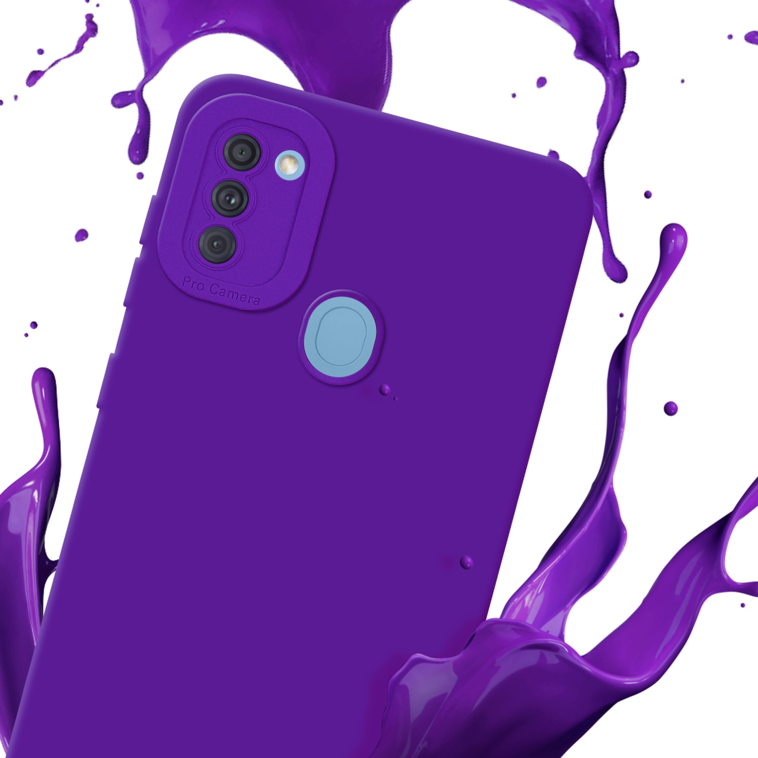Una custodia viola con spruzzi di vernice viola intorno. Il telefono non è visibile.