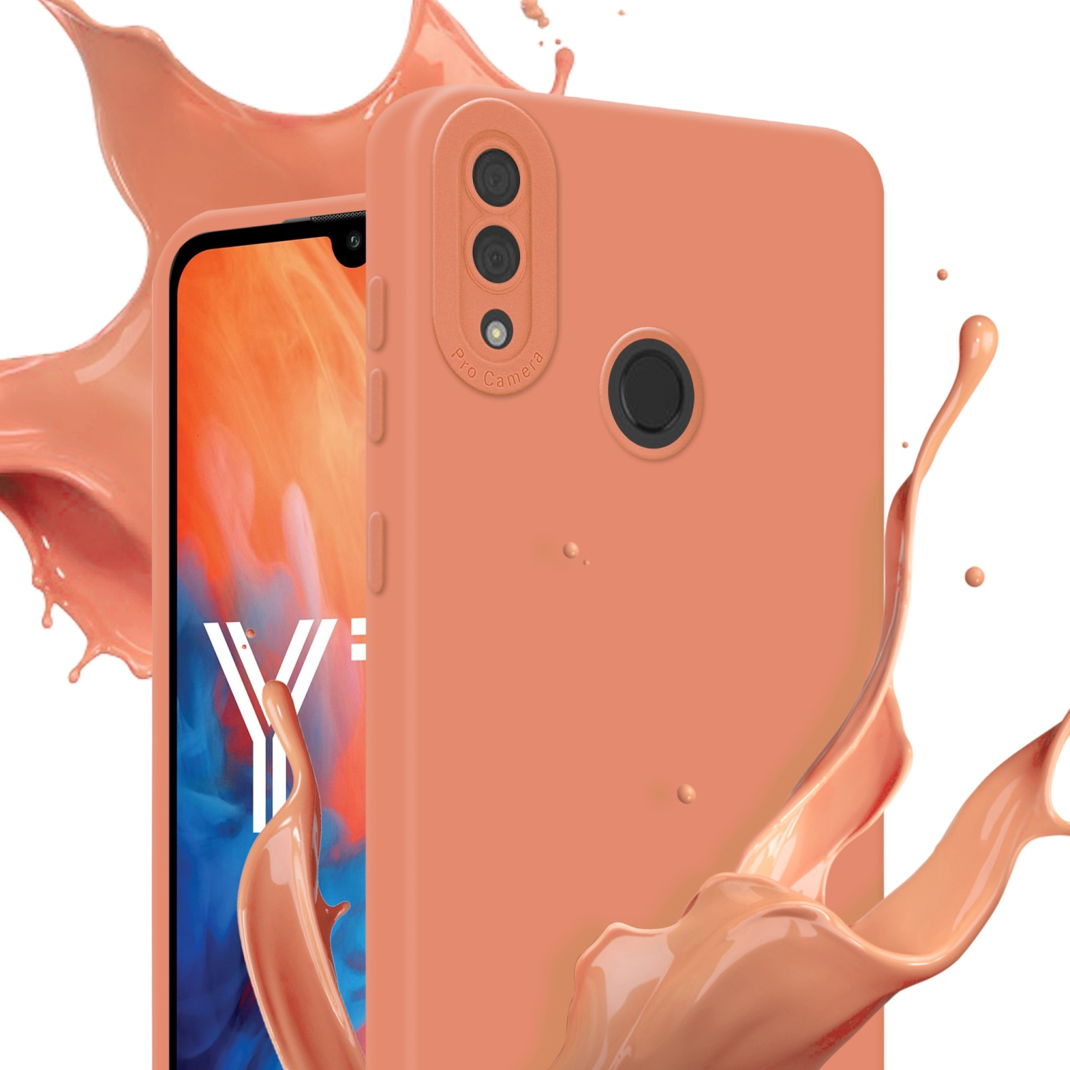 Custodia arancione su un telefono. Effetto spruzzo di vernice arancione. Sfondo bianco.