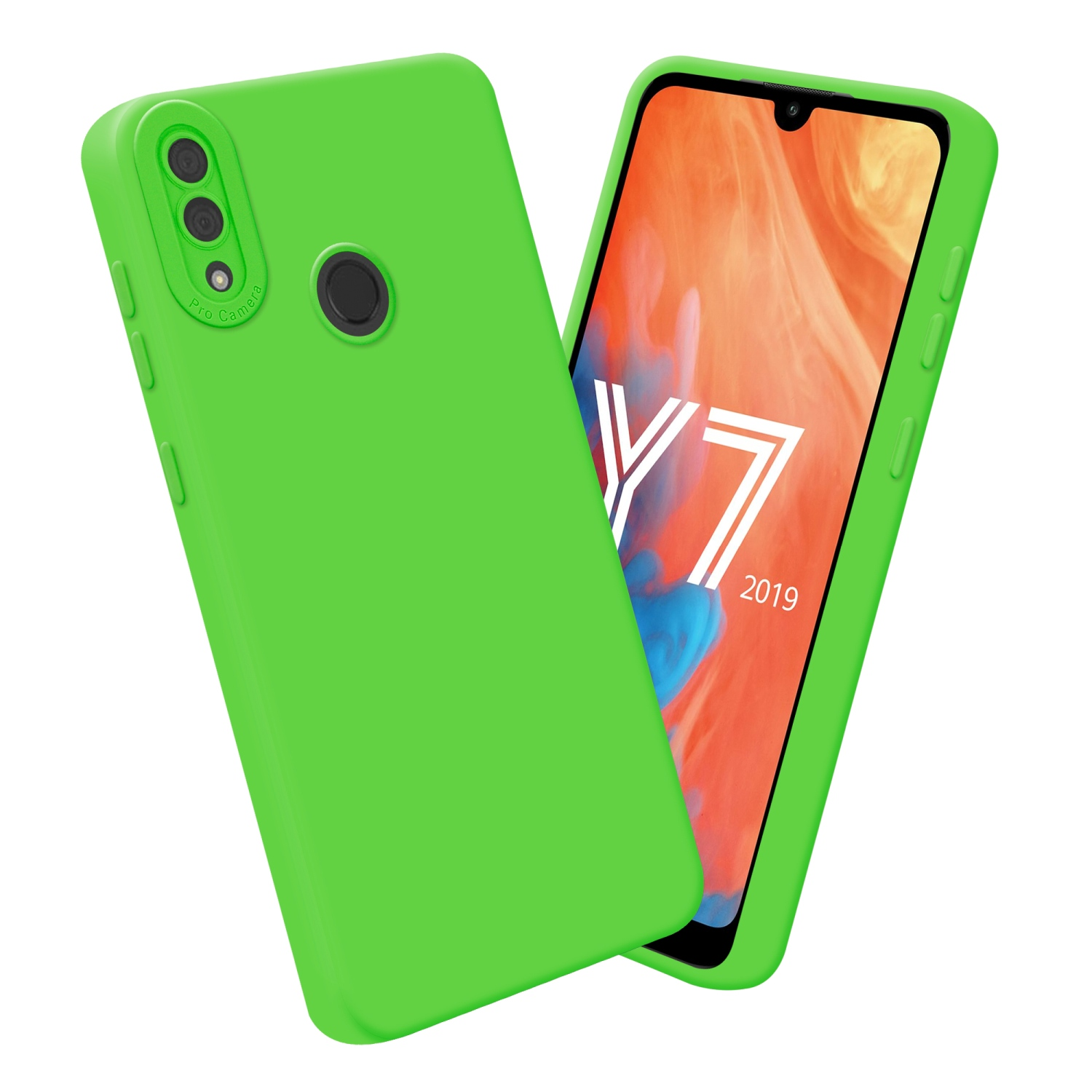 Coque verte et écran du téléphone. Le téléphone est incliné. L'écran affiche une interface. Pro Camera.
