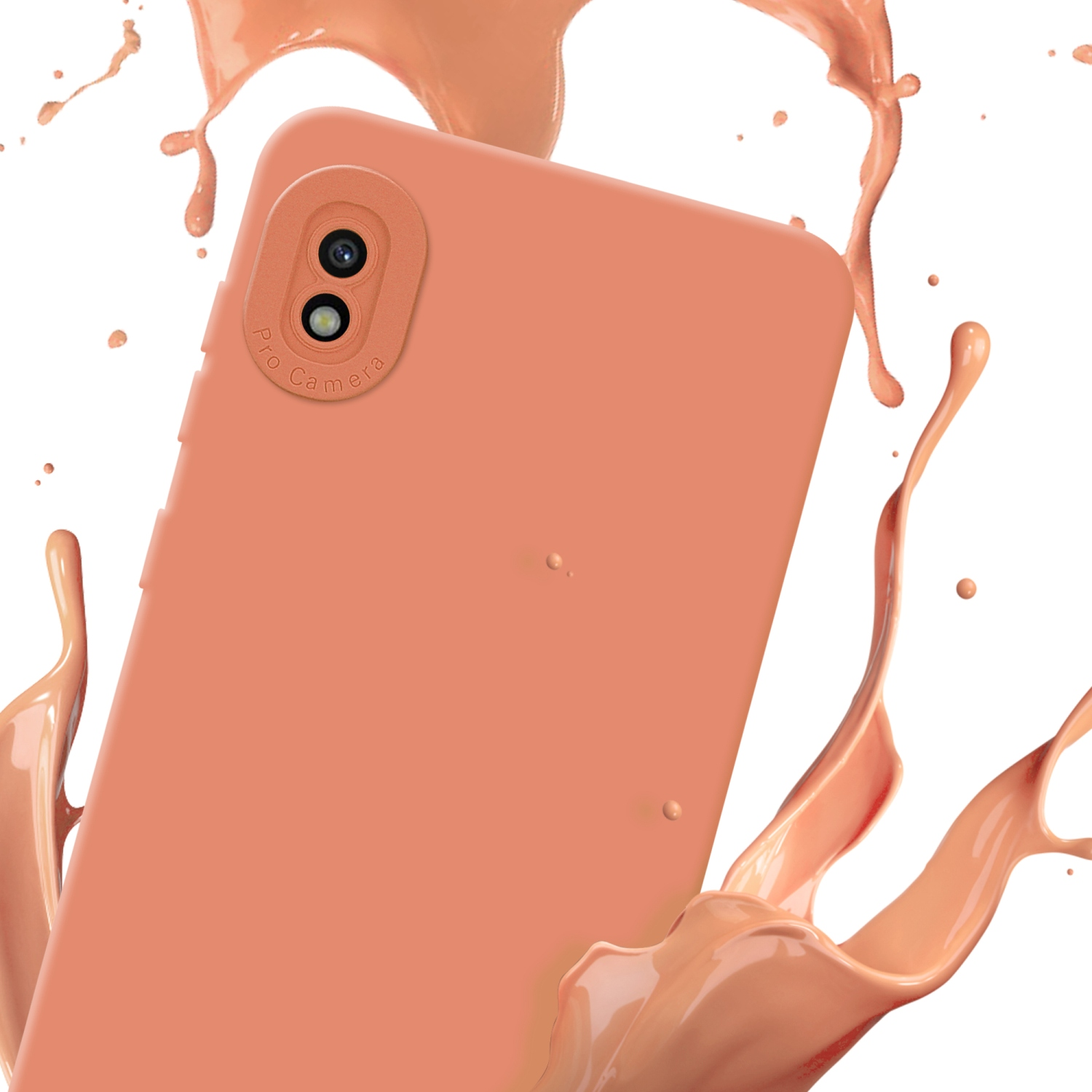 Custodia per telefono color pesca con fotocamera professionale, spruzzo di liquido pesca su sfondo bianco.