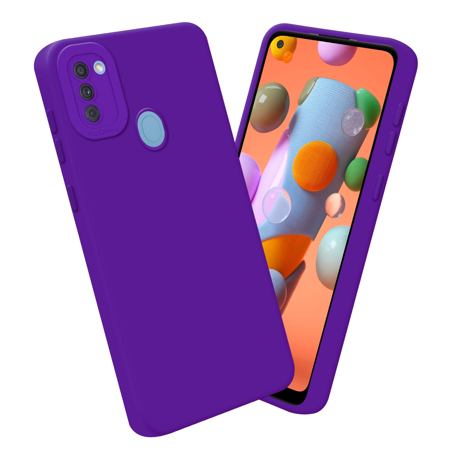 Custodia viola per telefono e telefono. Lo schermo del telefono mostra forme astratte colorate.