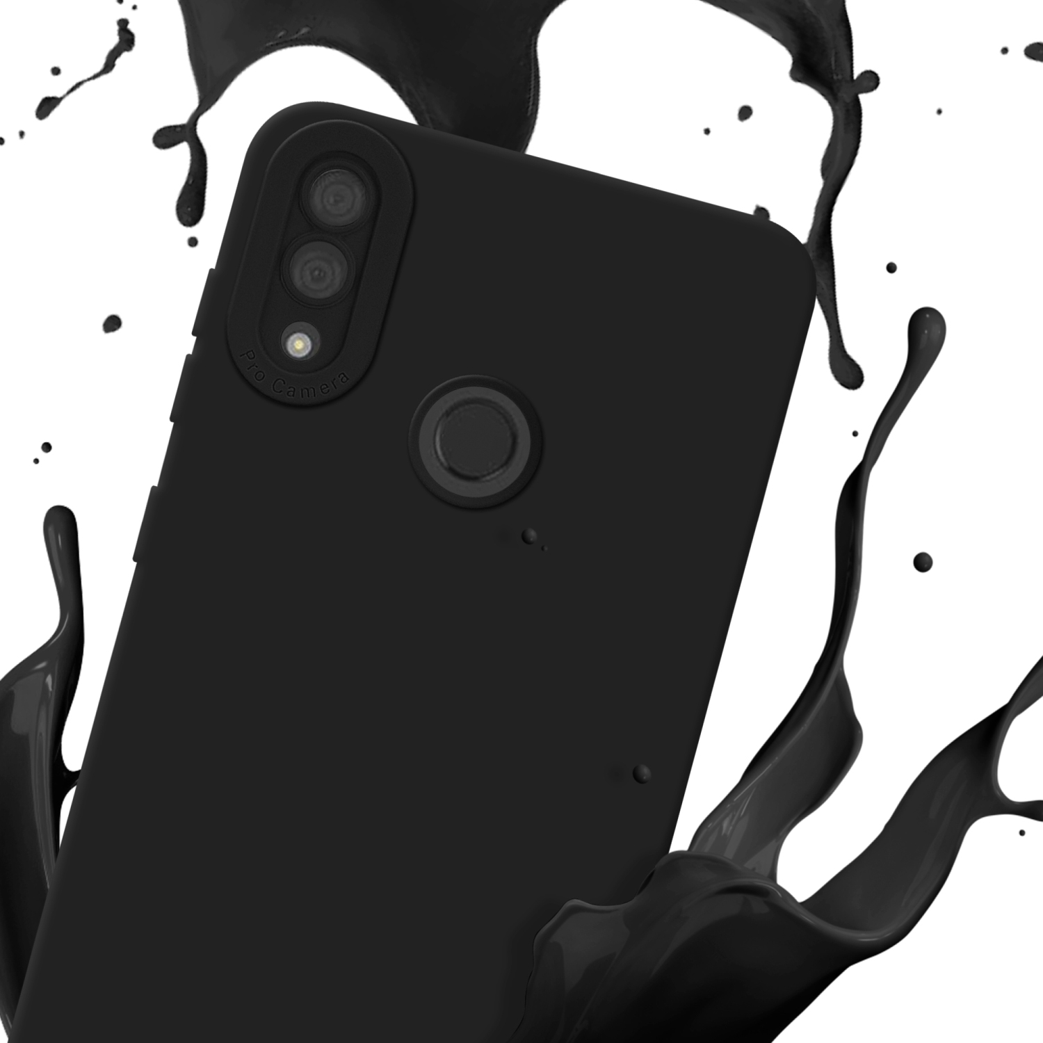Un téléphone noir avec une caméra pro est centré. Des éclaboussures de peinture noire l'entourent.