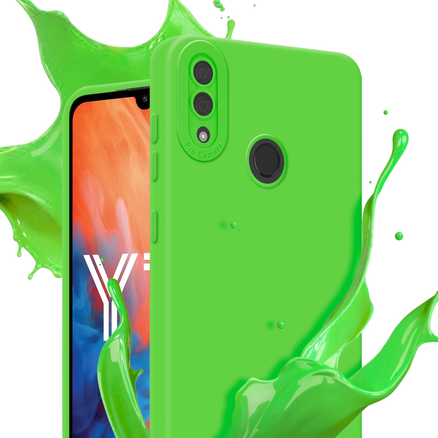 Coque de téléphone verte avec module caméra, avec éclaboussures de peinture verte. Un fond blanc.