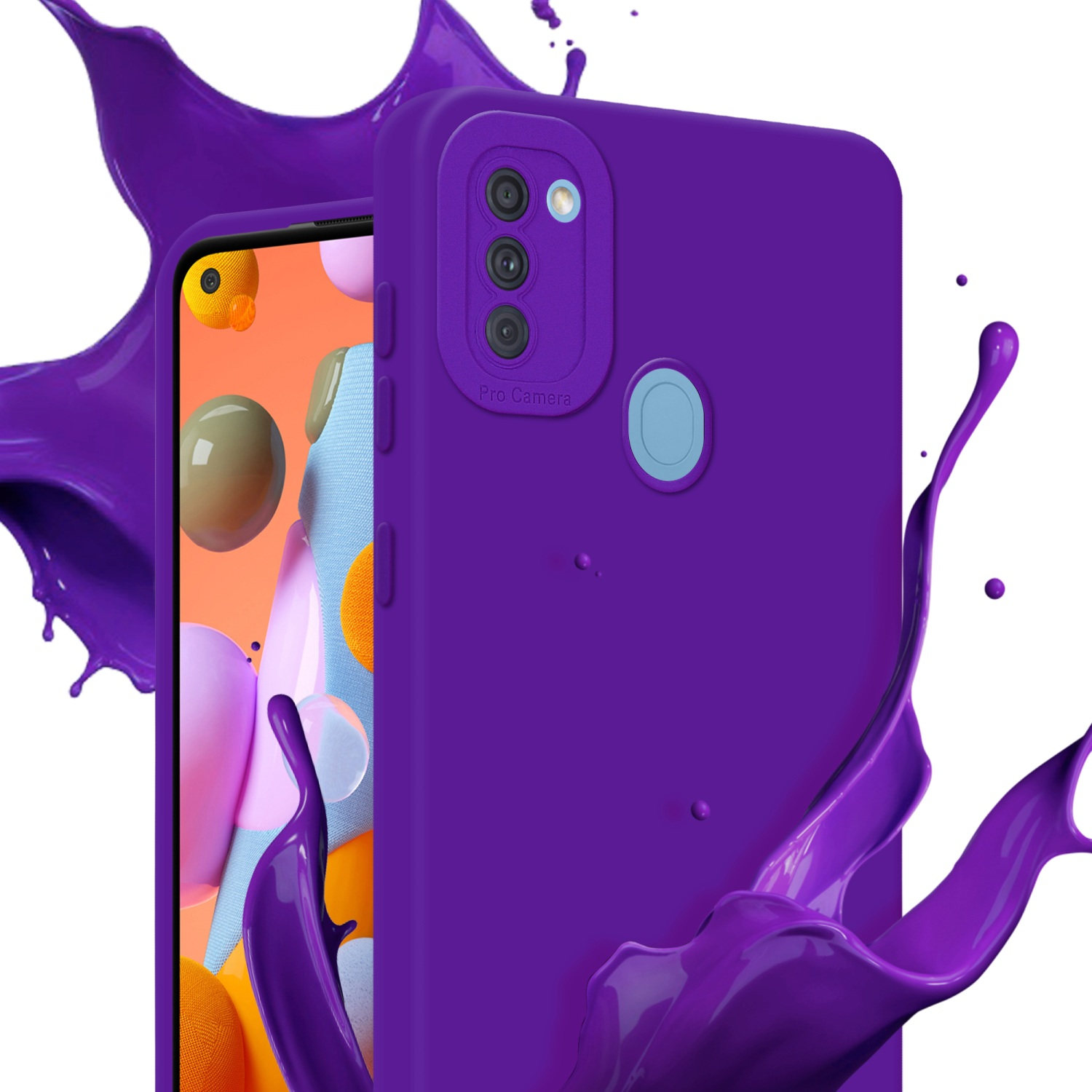 Custodia per telefono viola, con schizzi di vernice, fotocamera pro visibile.