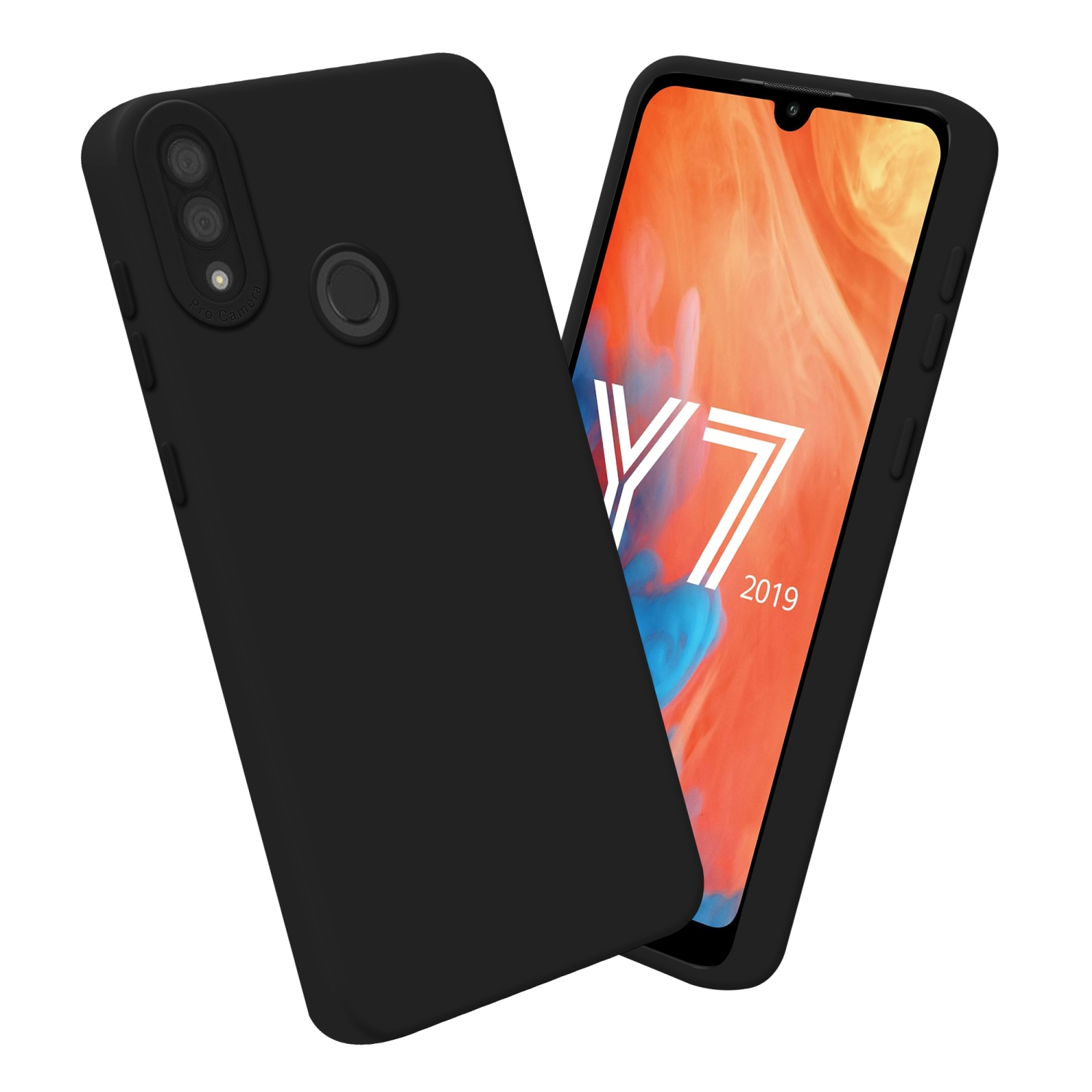 Deux coques noires, une montrant l'écran du téléphone avec texte blanc 'Y7 2019'.