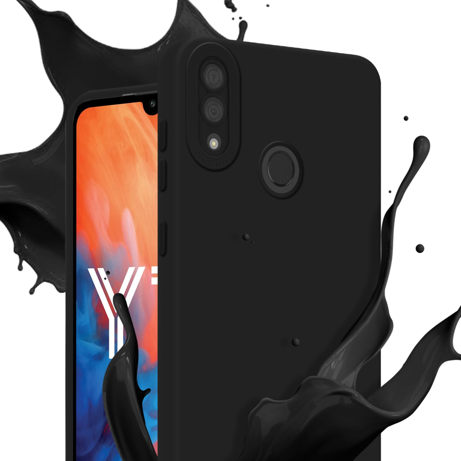 Coque de téléphone noire avec trois caméras et une éclaboussure noire.