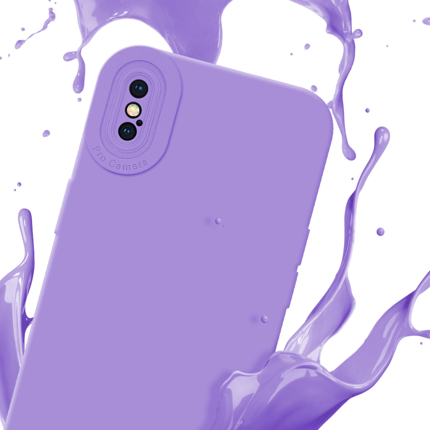 Custodia viola per telefono con sporgenza per la fotocamera. Schizzo di vernice viola sullo sfondo.