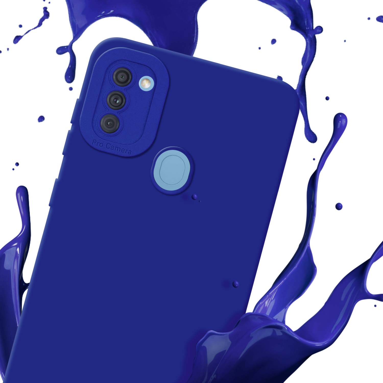 Una custodia blu con uno schizzo di vernice blu. L'etichetta Pro Camera è sulla custodia.