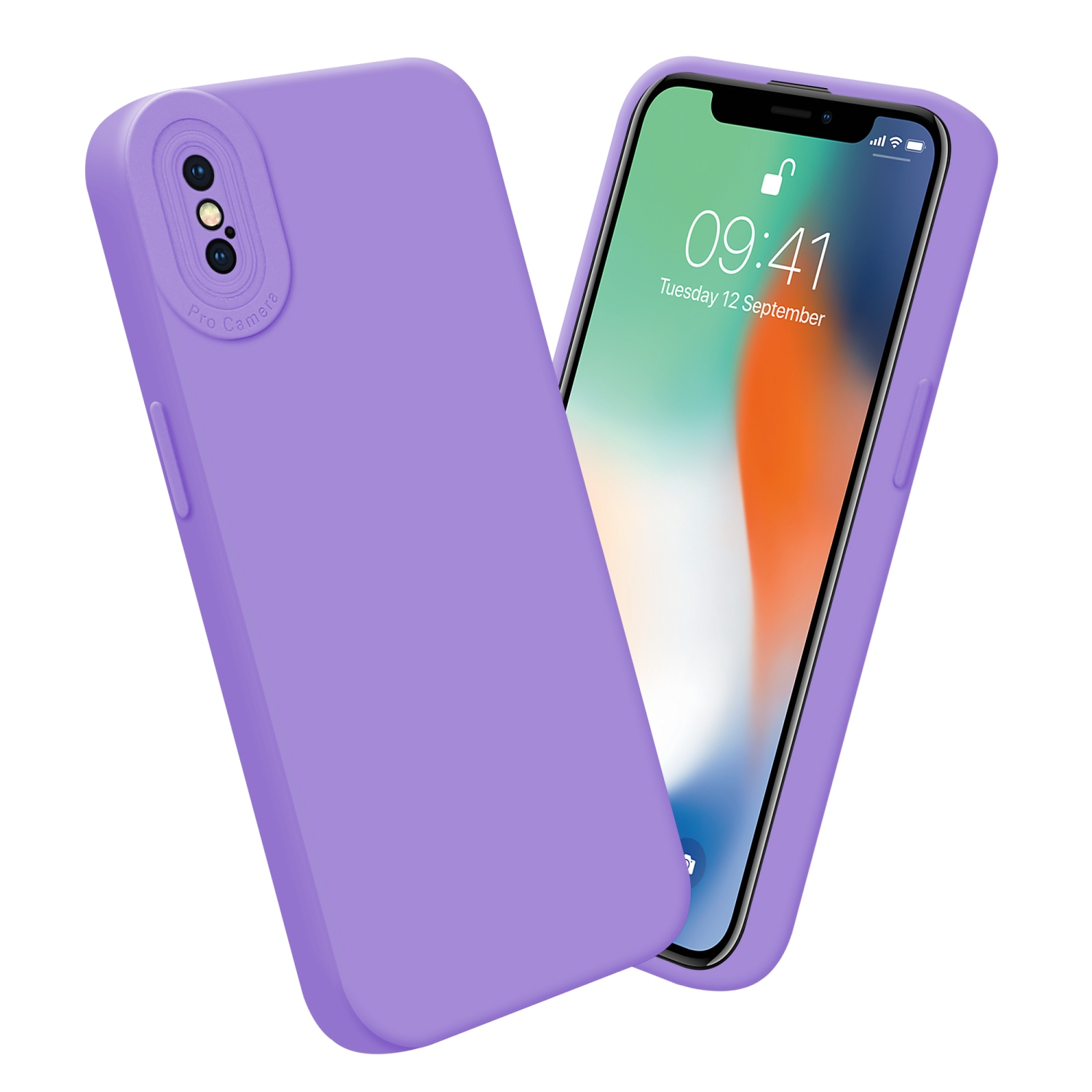 Custodia viola con due fotocamere e telefono con ora e data.