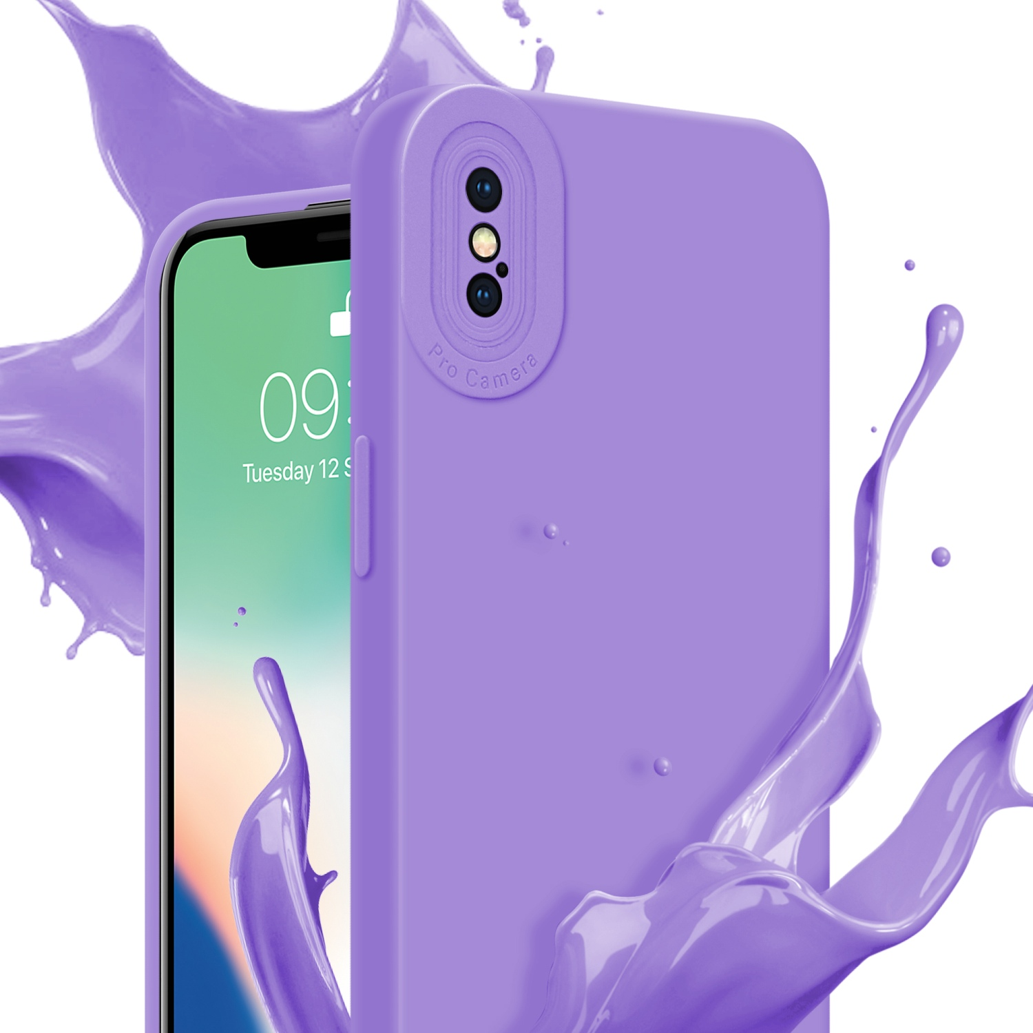 Custodia viola con schermo del telefono e schizzo di vernice viola. Sfondo bianco.