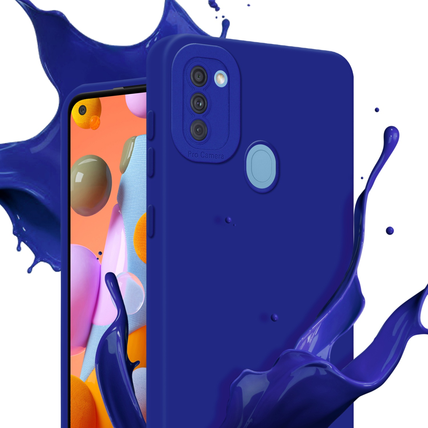 Custodia per telefono blu con telefono e schizzo di vernice blu.