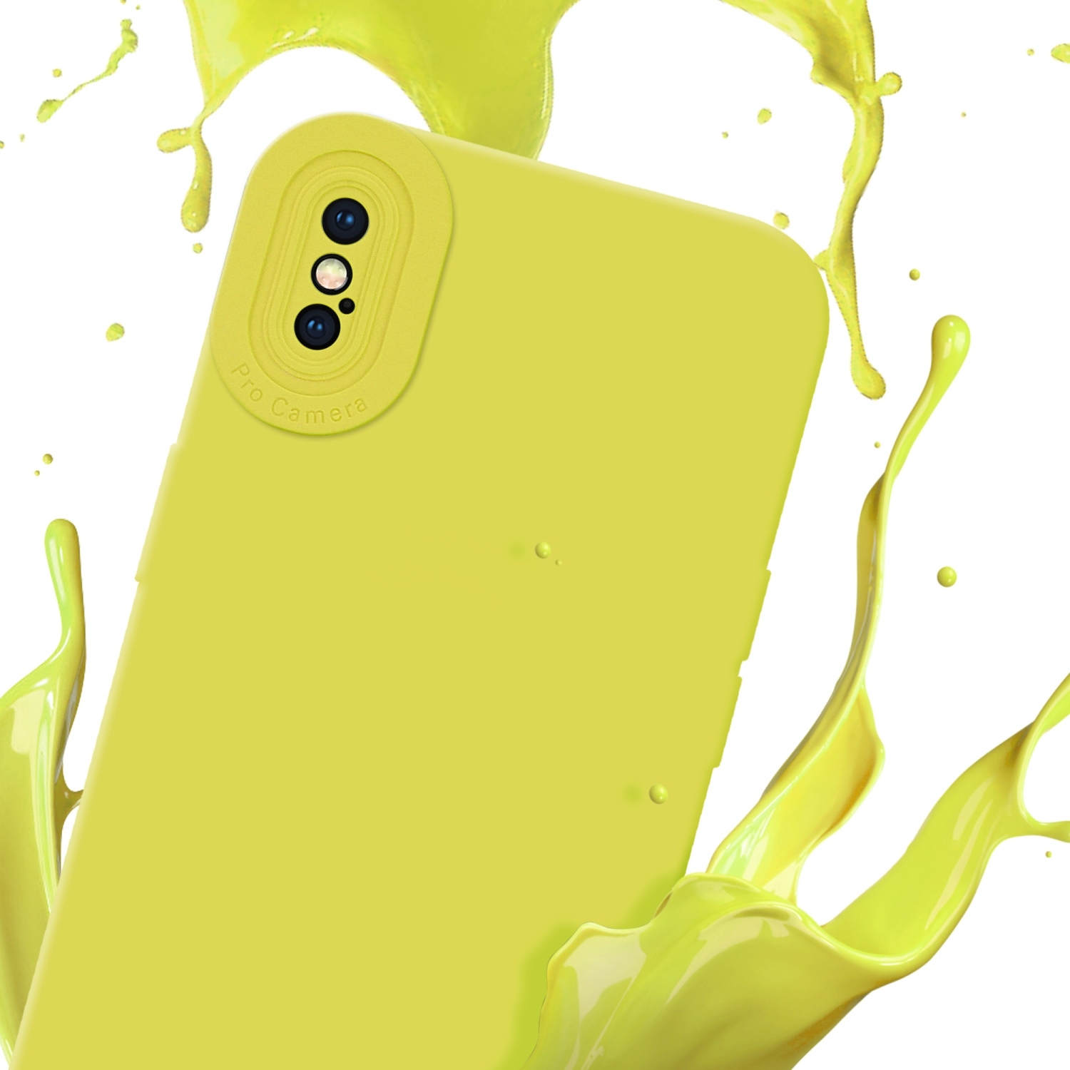 Custodia per telefono gialla con schizzi di liquido giallo. I dettagli della fotocamera Pro sono visibili.