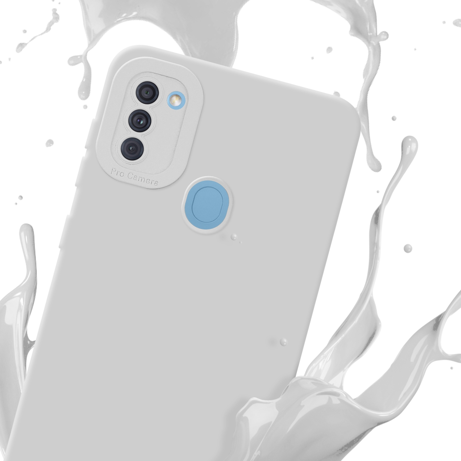 Una custodia per telefono bianca con un rialzo per la fotocamera. Schizzo di vernice bianca su sfondo bianco.