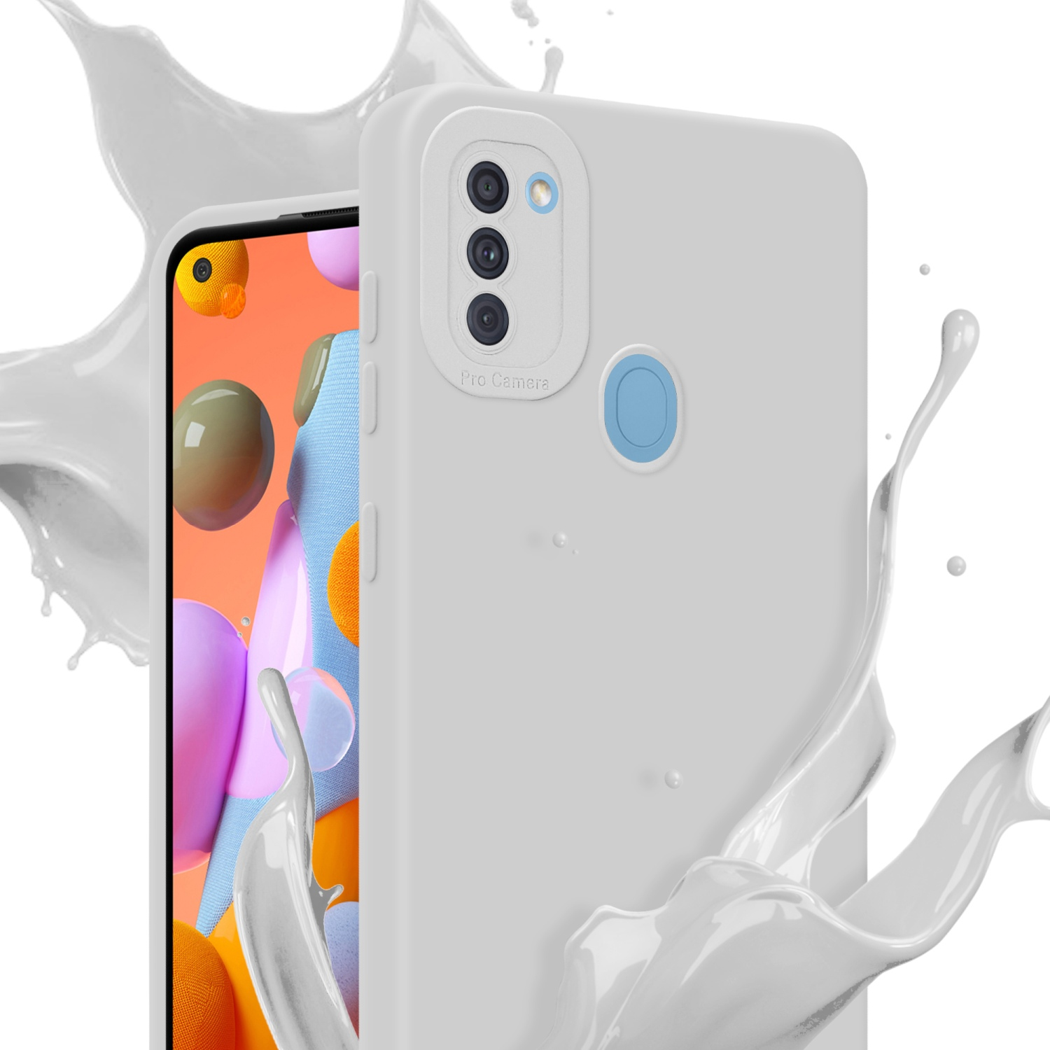 Custodia bianca con telefono davanti. Il telefono mostra uno schermo colorato.