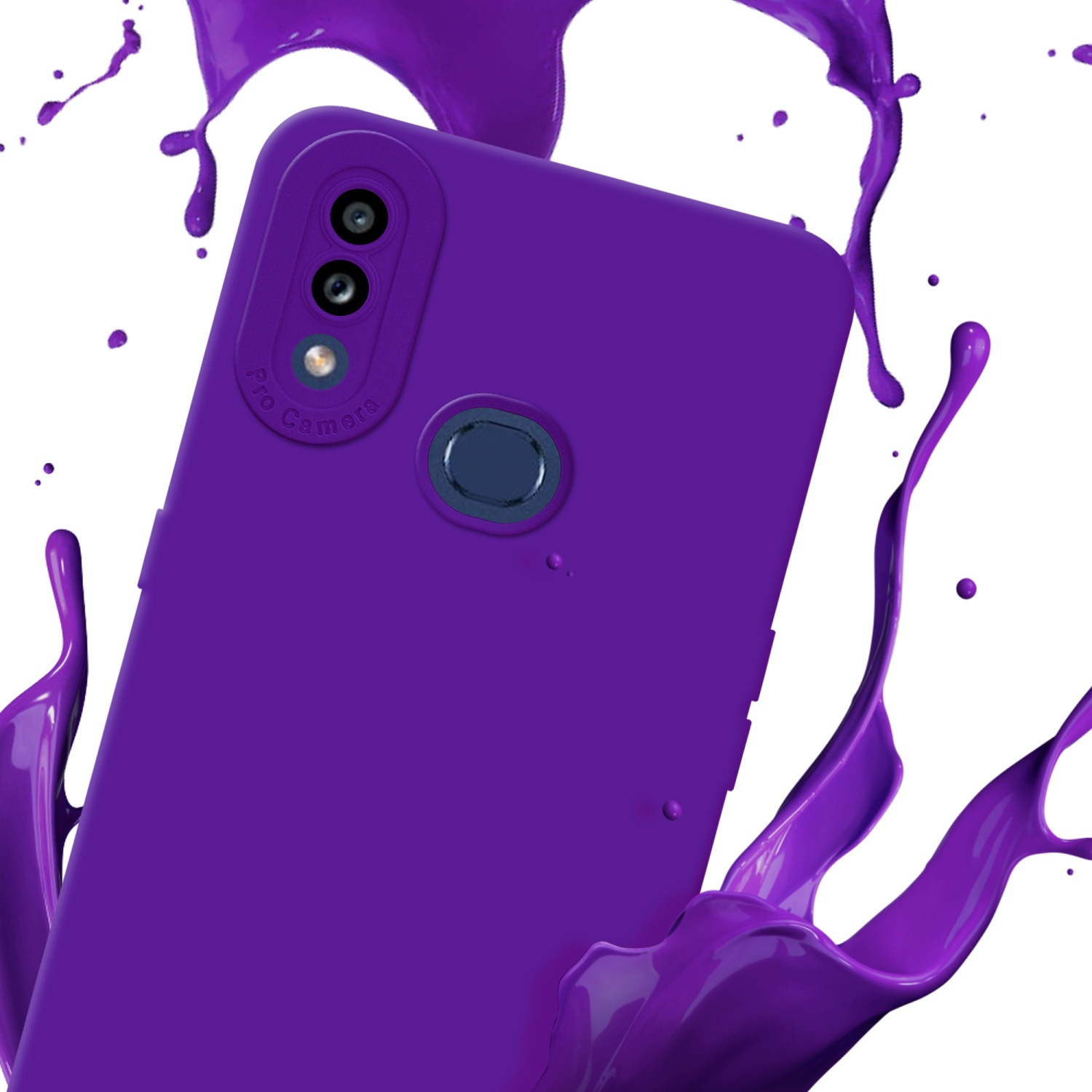 Una custodia per telefono viola con un modulo fotocamera, con uno spruzzo di liquido viola.