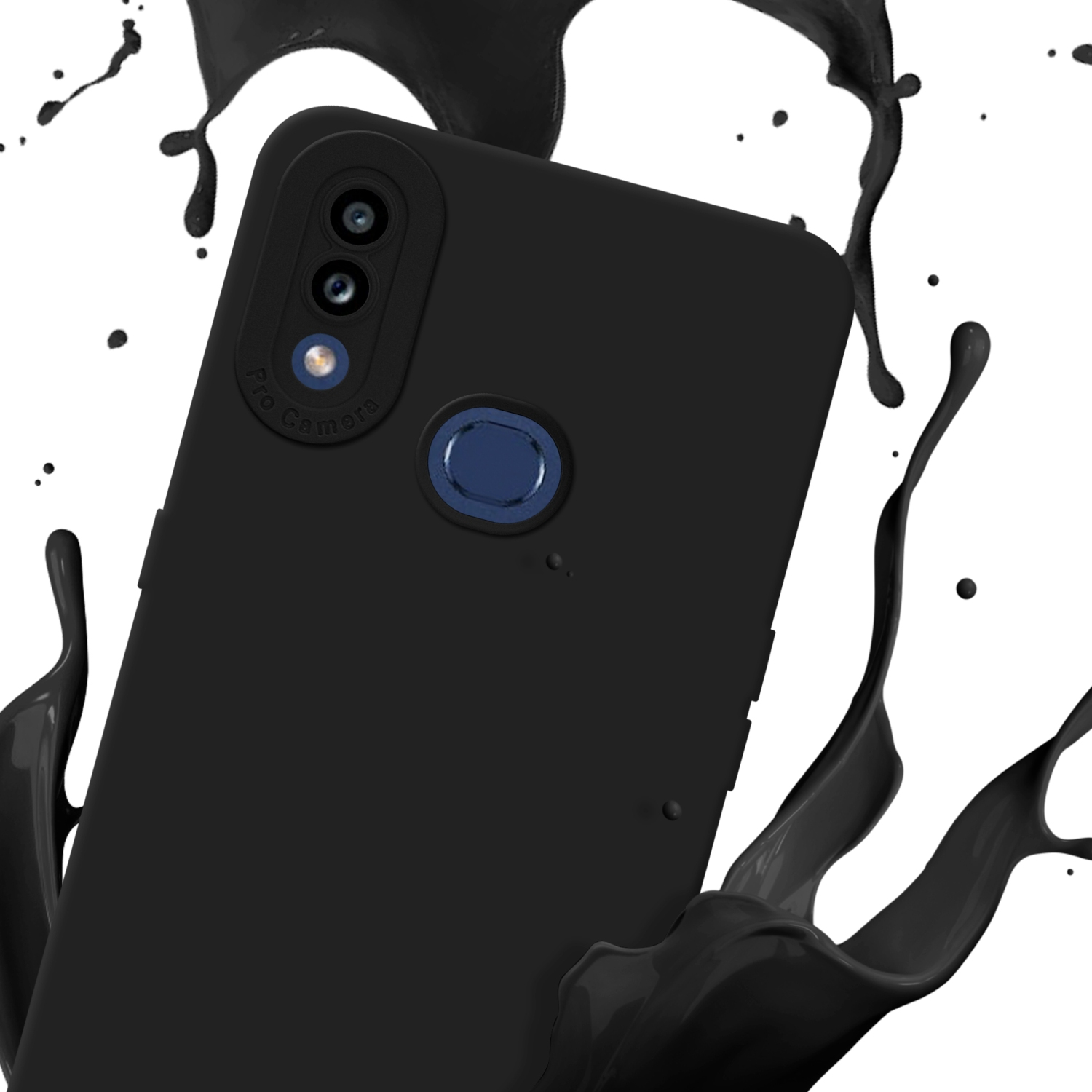 Custodia nera per telefono con fotocamera, spruzzo di vernice nera su sfondo bianco.