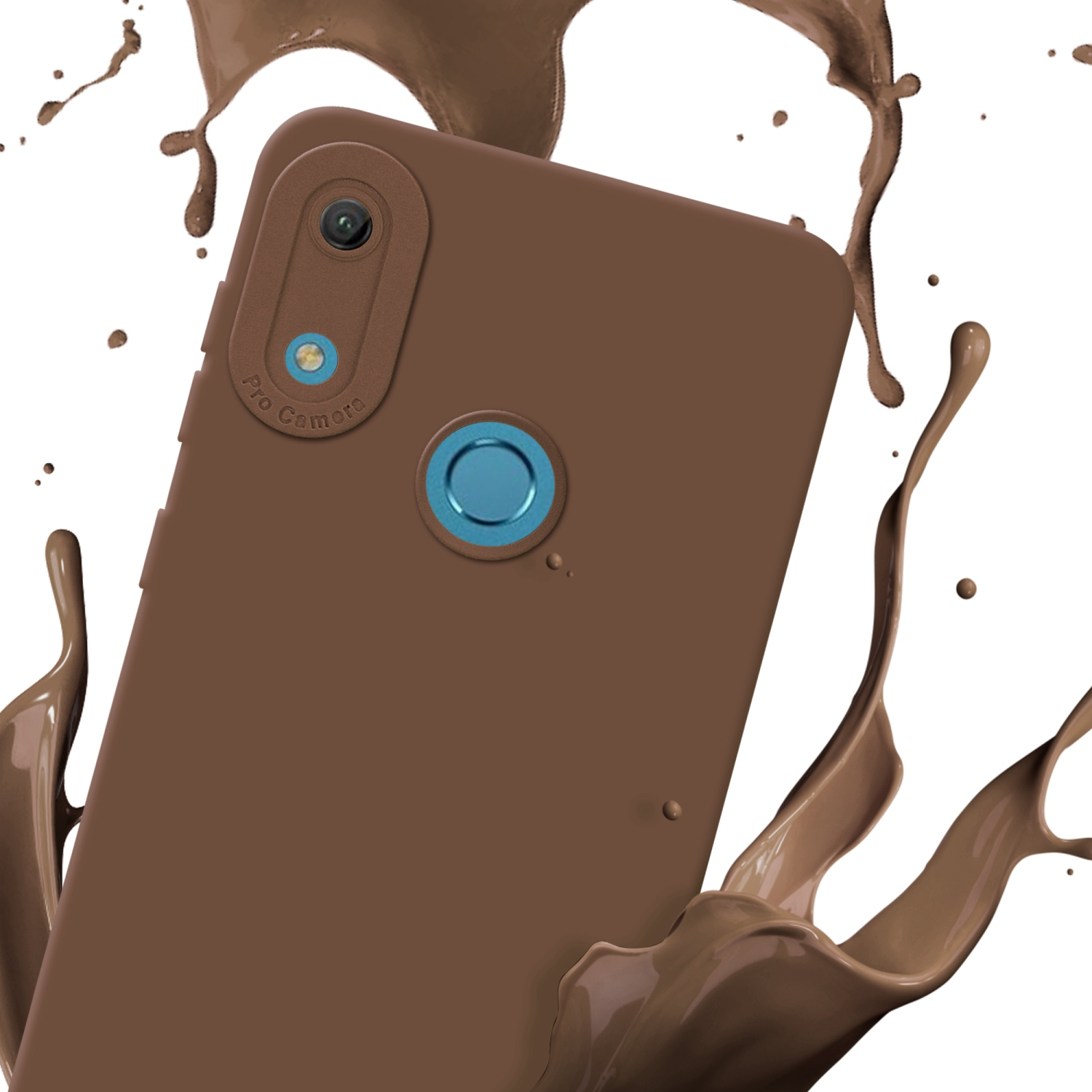 Coque de téléphone marron avec design de caméra et éclaboussures de liquide marron.
