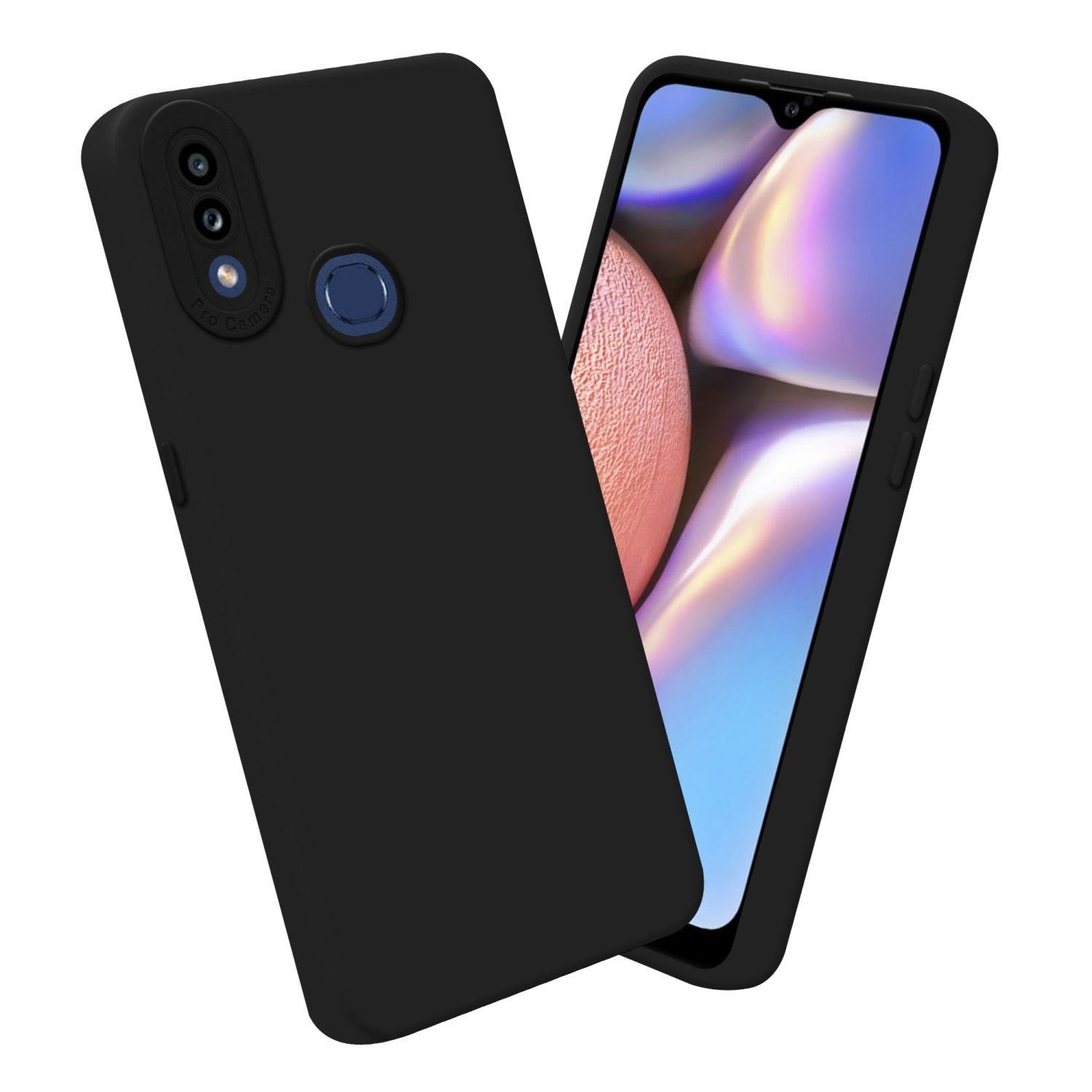 Custodia per telefono nera con telefono nero. Il telefono ha una fotocamera blu.