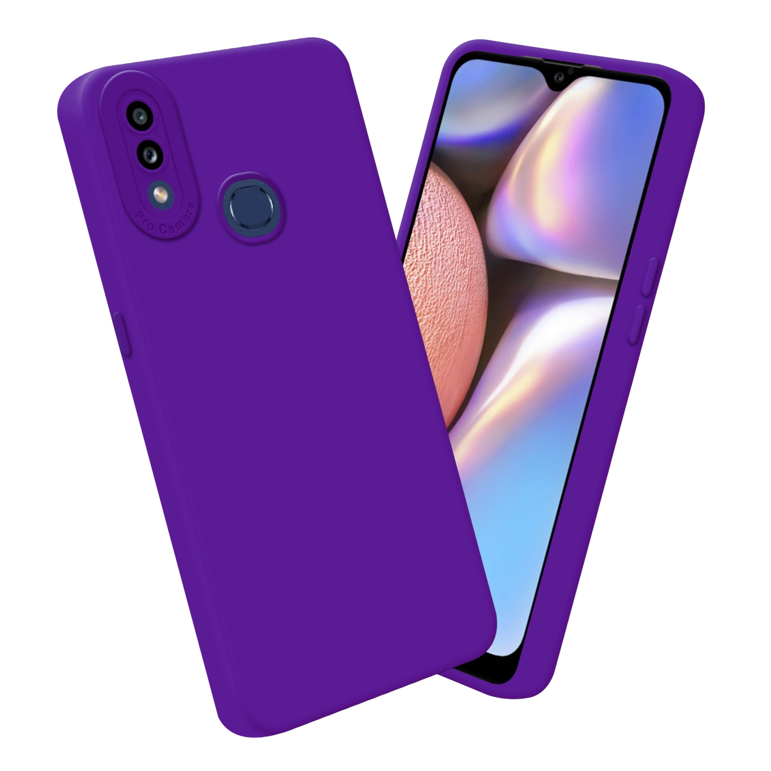 Due custodie per telefono, viola e aperte. C'è un telefono dentro. Lo sfondo è bianco.