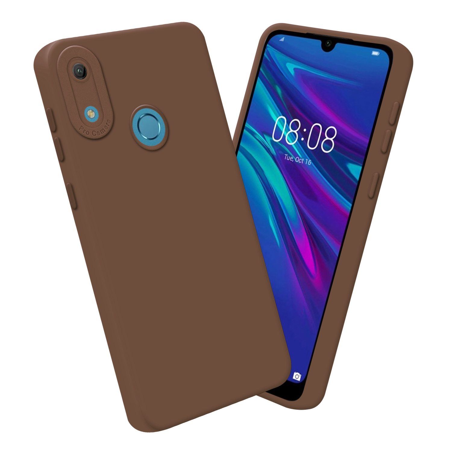 Deux étuis de téléphone marron avec un téléphone indiquant l'heure. Un étui est à droite, un autre à gauche.