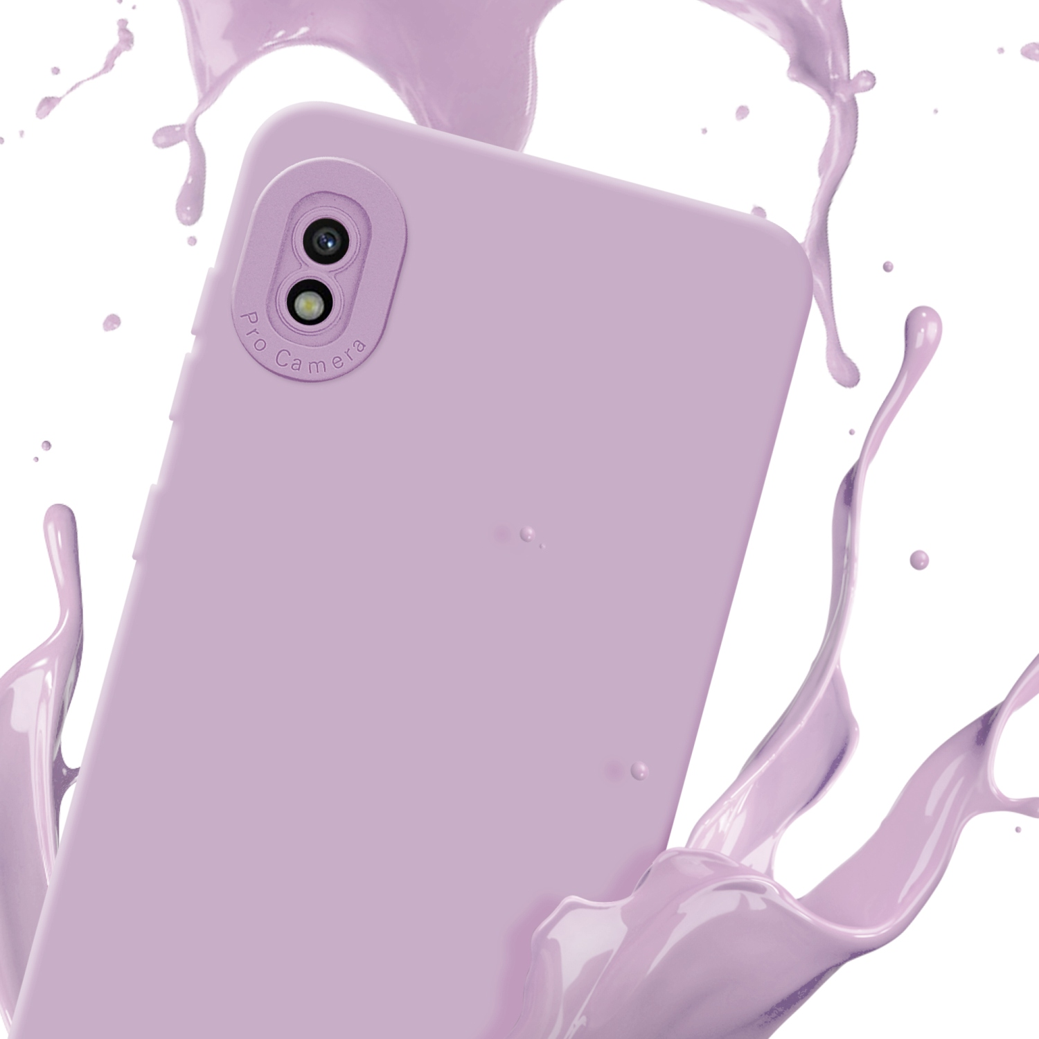 Custodia viola con effetto splash. La custodia ha una fotocamera sul retro. Lo sfondo è bianco.