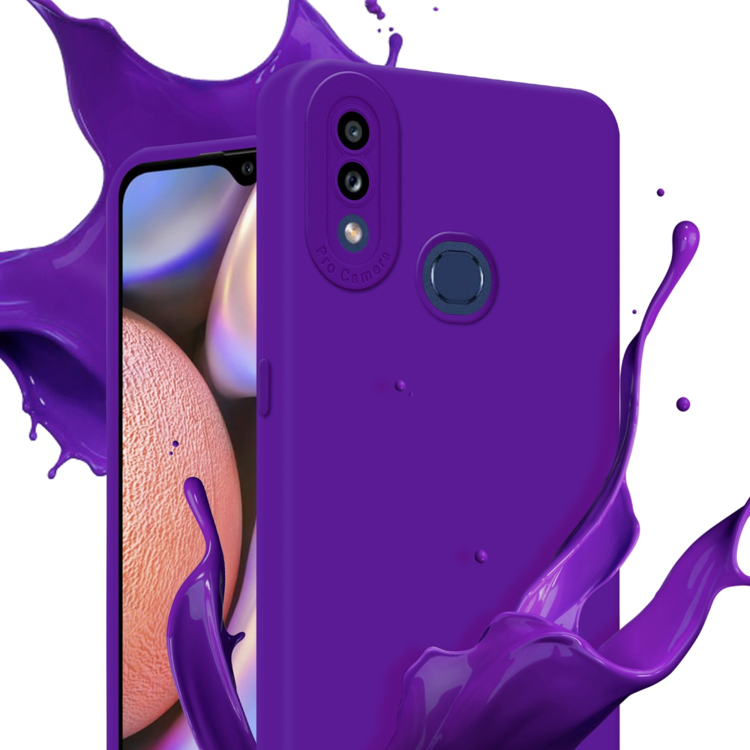 Telefono e custodia viola con schizzi di vernice viola. Il telefono è visibile con il suo schermo.