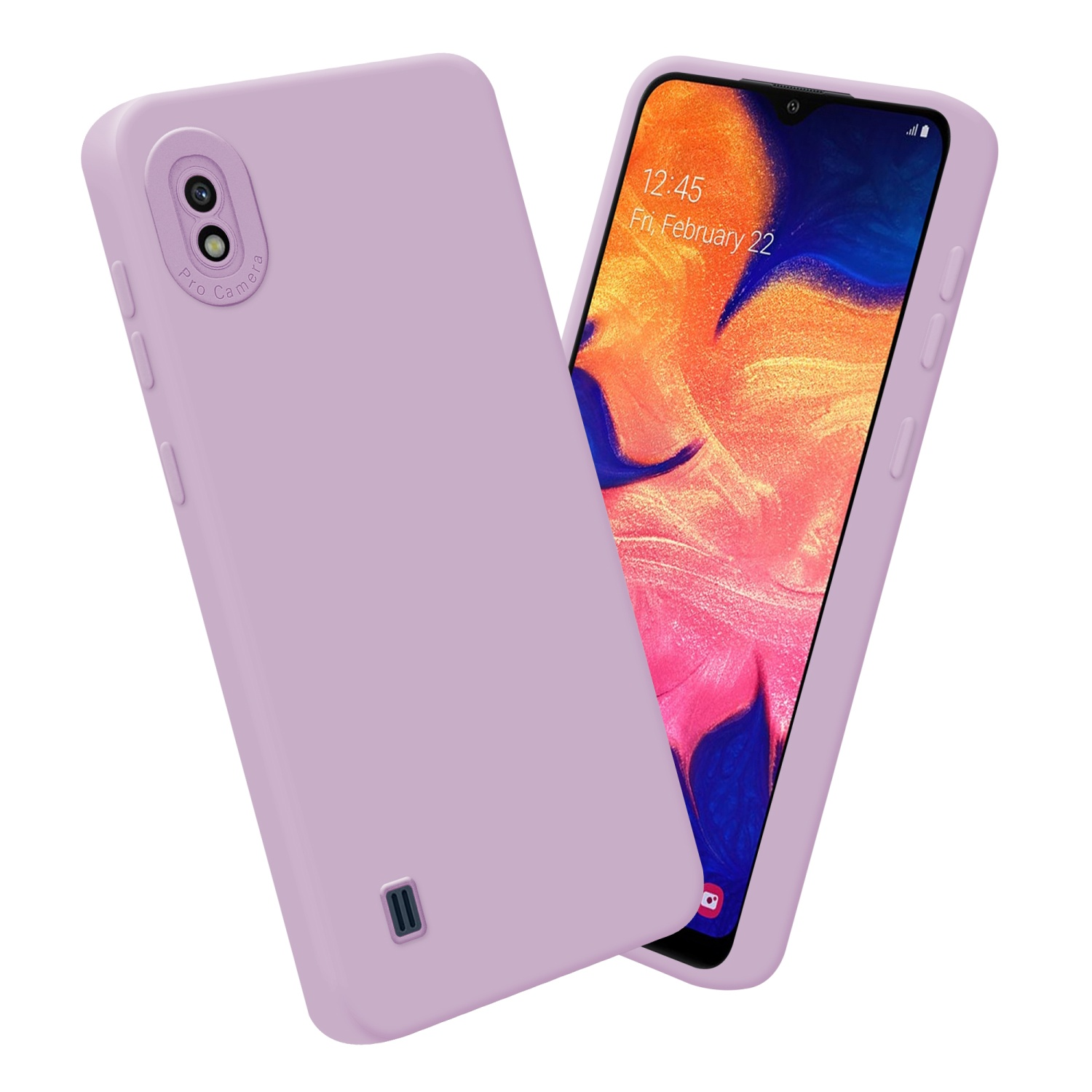 Custodia lavanda per telefono con telefono. Una custodia è sdraiata, una è in piedi con schermo.