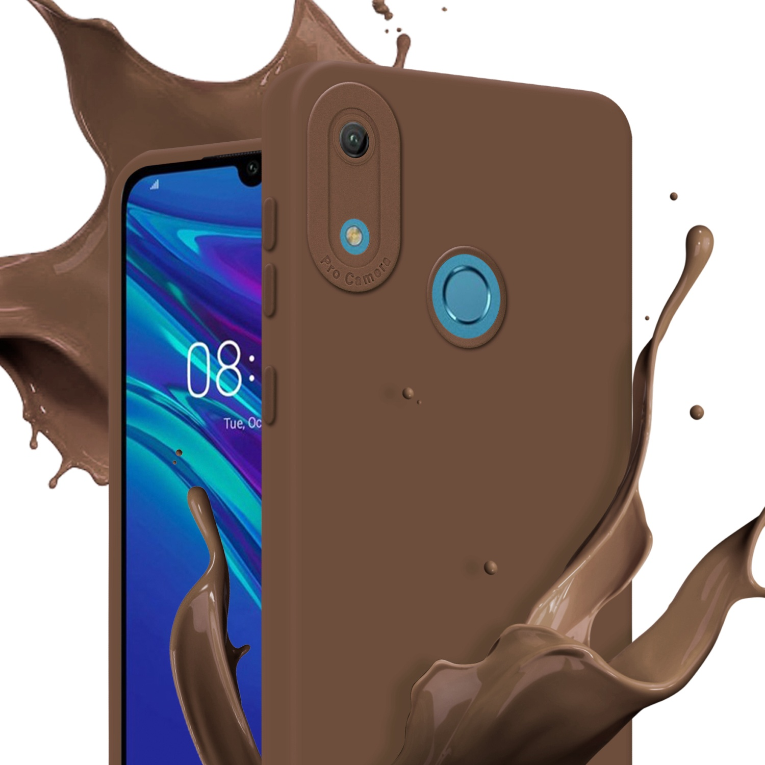 Coque de téléphone marron avec un téléphone. Éclaboussure de chocolat derrière le téléphone.