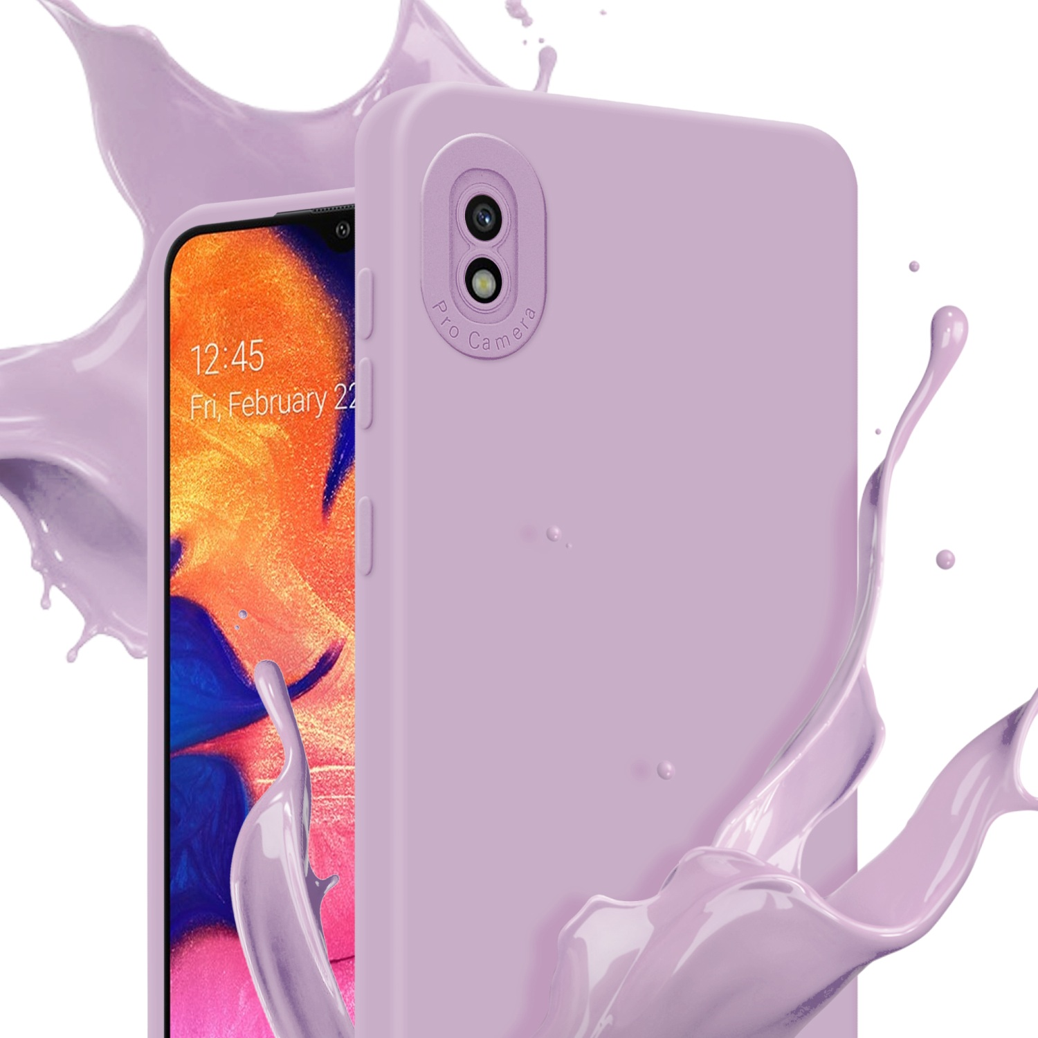 Custodia lilla con ritaglio per fotocamera, schermo del telefono che mostra la data. Schizzo di vernice viola.
