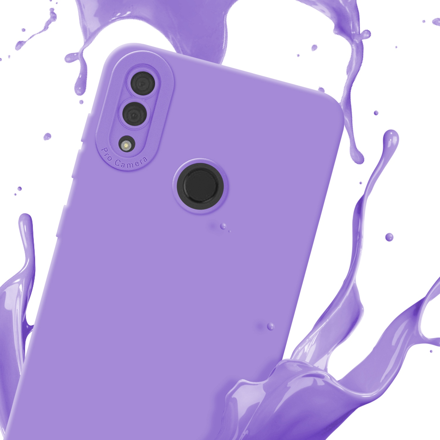 Custodia viola, con spruzzo di vernice viola, sfondo bianco.