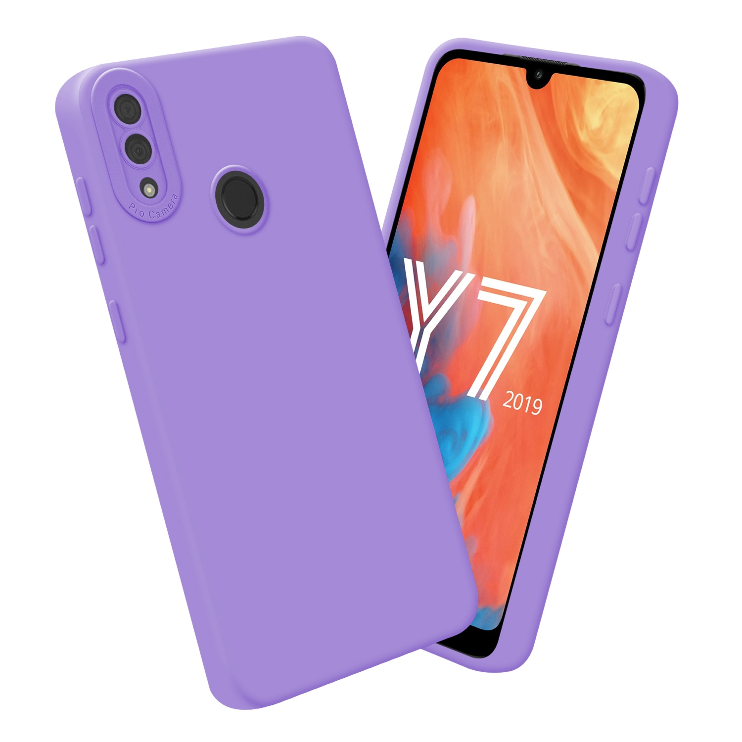 Custodia per telefono viola con intaglio per fotocamera. Un telefono è visibile. Sfondo bianco.