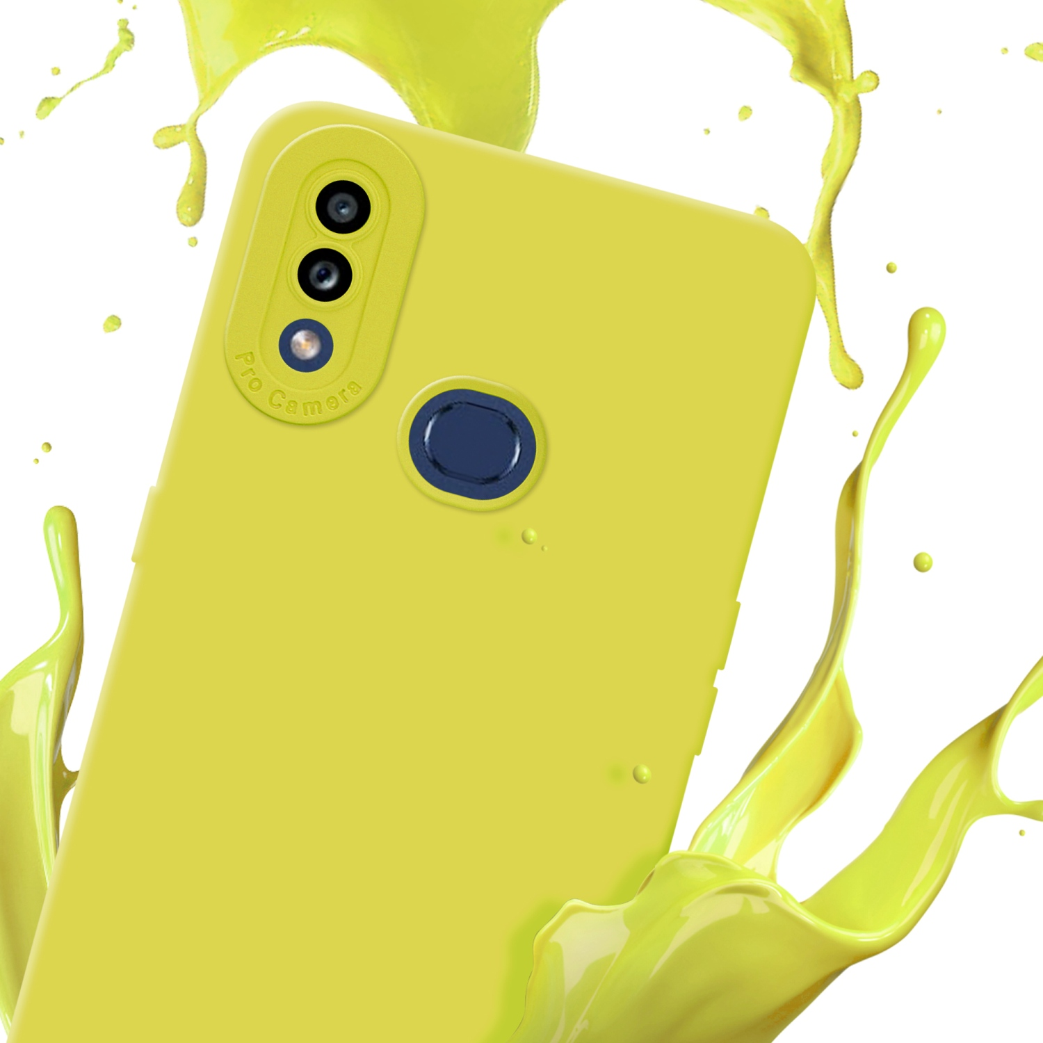Custodia per telefono gialla con uno spruzzo di vernice gialla. La custodia ha una fotocamera e il testo della fotocamera pro.