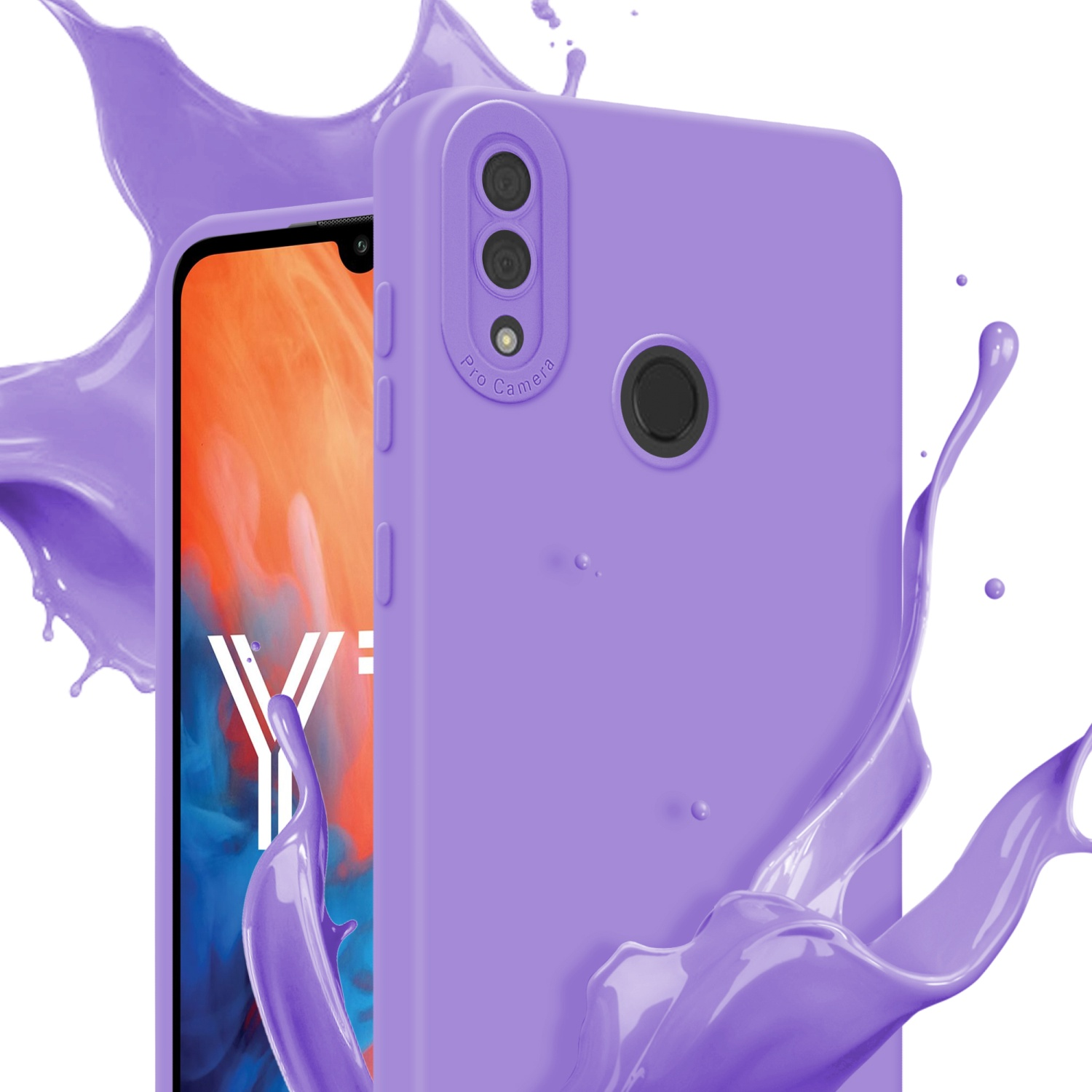 Custodia lilla con tre fotocamere, effetto splash. Schermo visibile con logo.