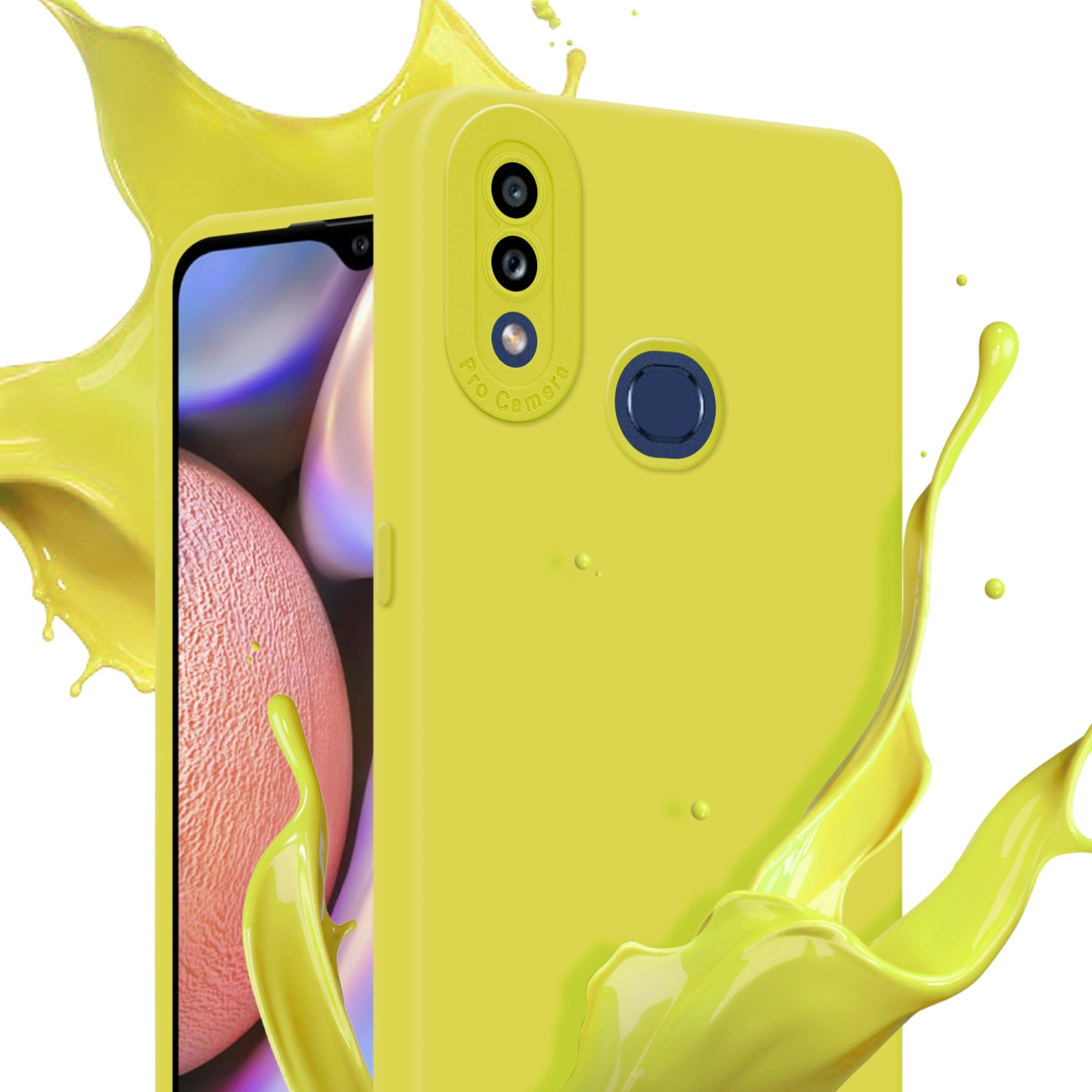 Custodia per telefono gialla con telefono. Il telefono mostra un effetto splash colorato con vernice gialla.