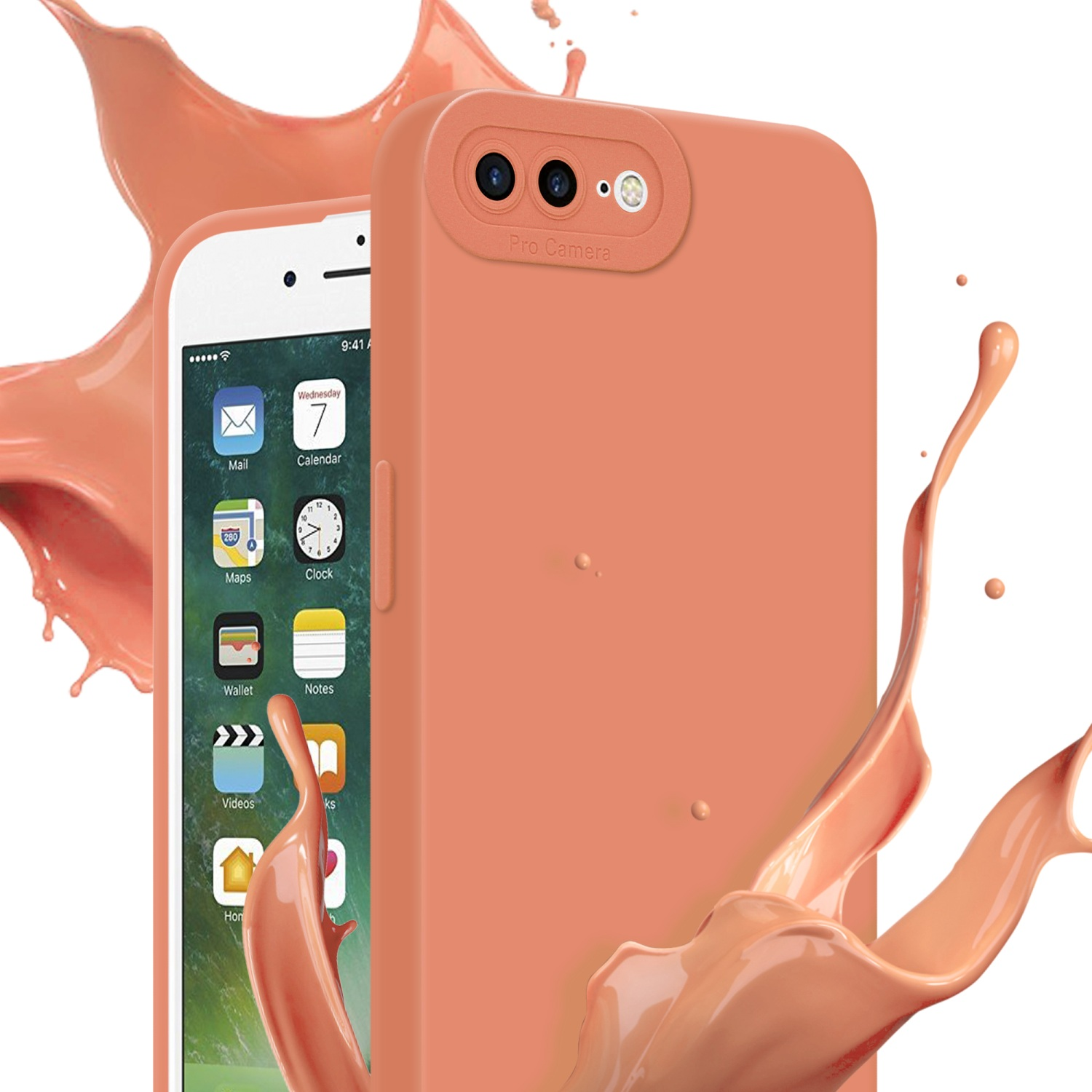 Custodia arancione accanto a un telefono con display di app. Schizzi di liquido arancione.